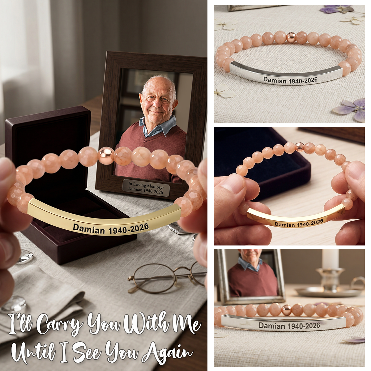 Personalized Memorial Engraved Natural Stone Stretch Bracelet