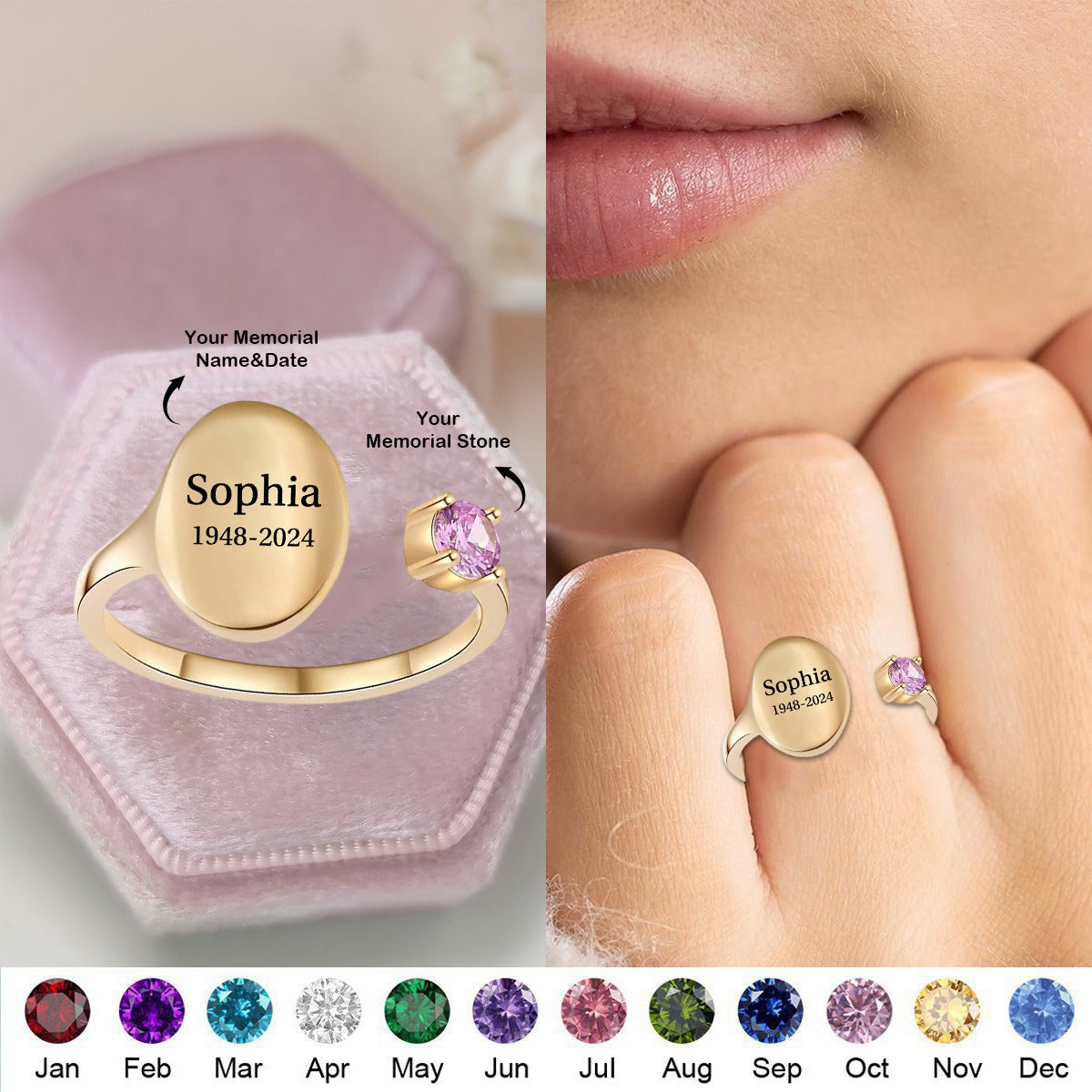 Personalized Name Birthstone Memorial Adjustable Ring