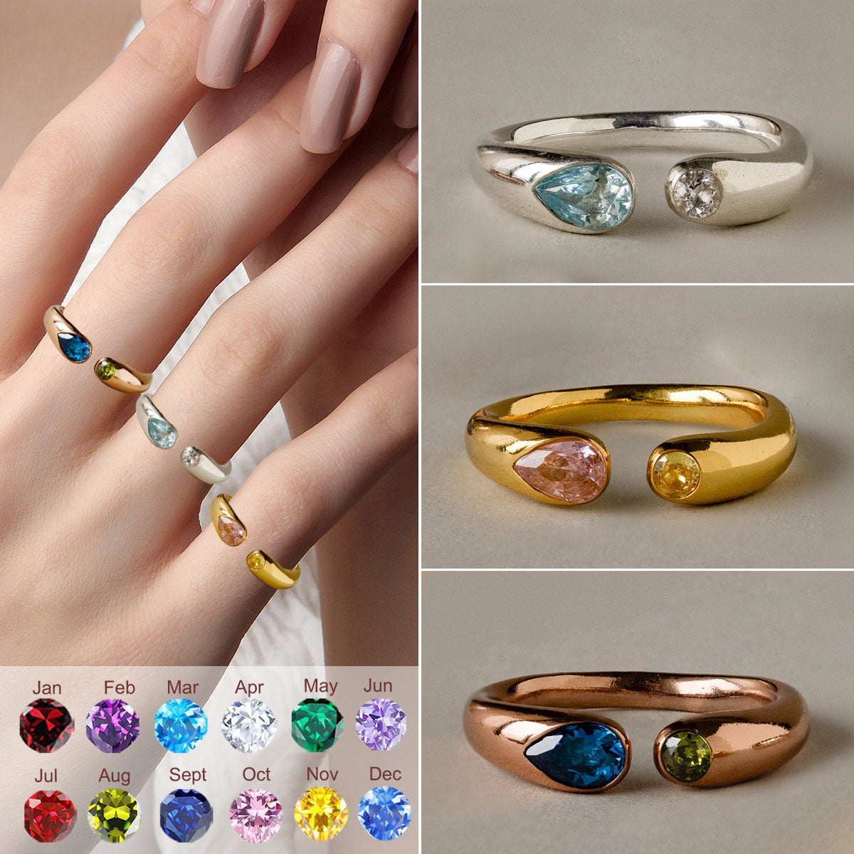 Duo Round & Pear Cut Birthstone Signet Couples Ring