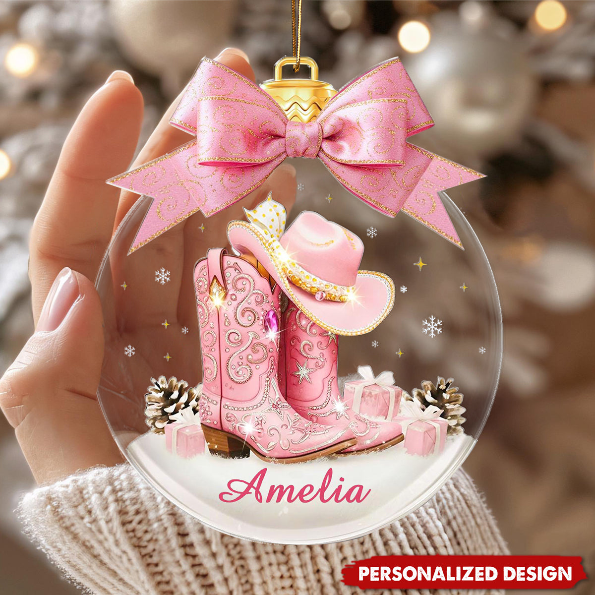 Personalized Coquette Bow Hat Western Girl Christmas Ornament