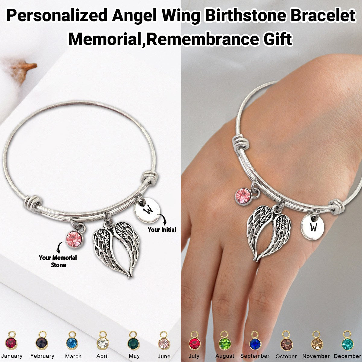 Personalized  Angel Wing Birthstone Initial Bracelet