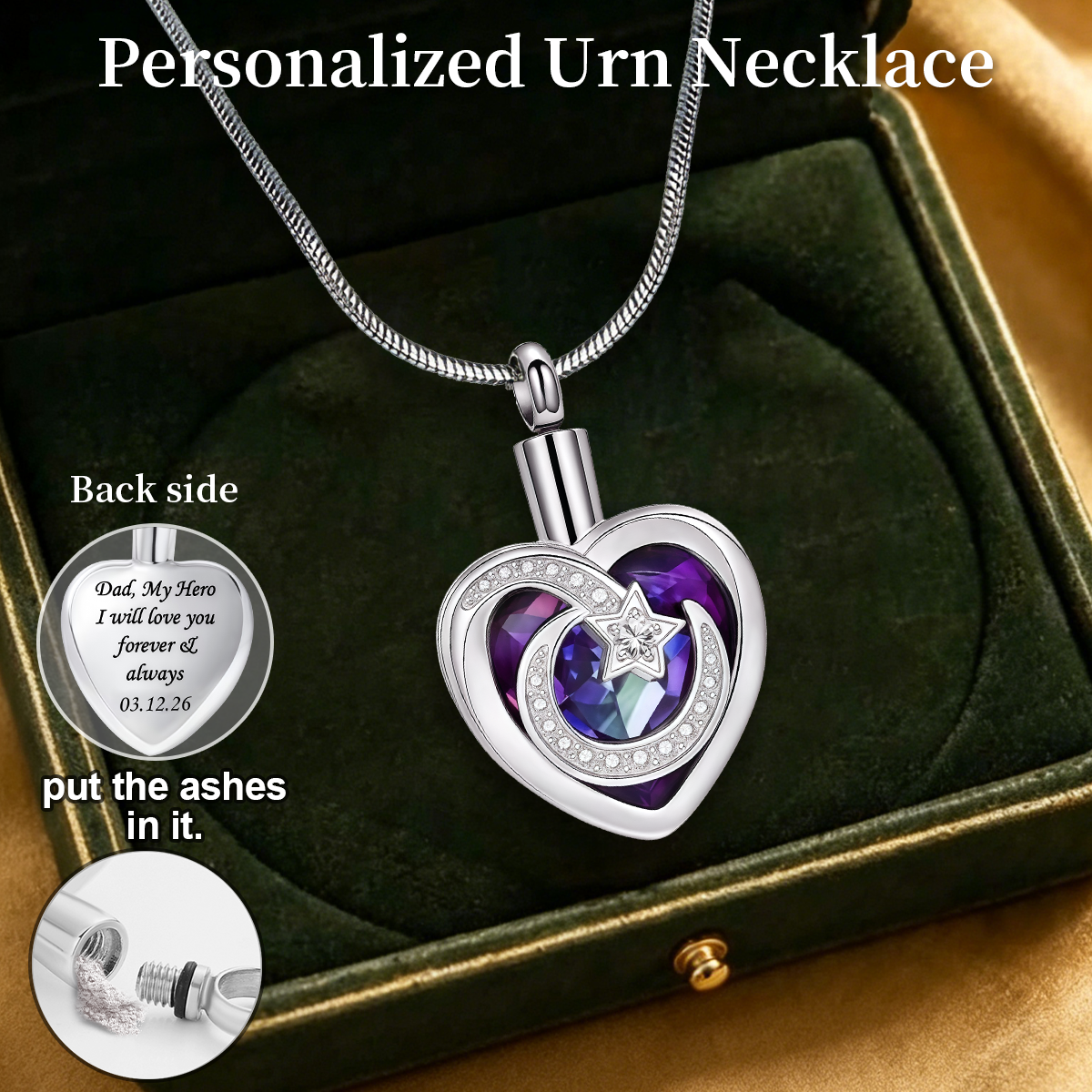 Personalized Moon & Star Cremation Ashes Urn Necklace