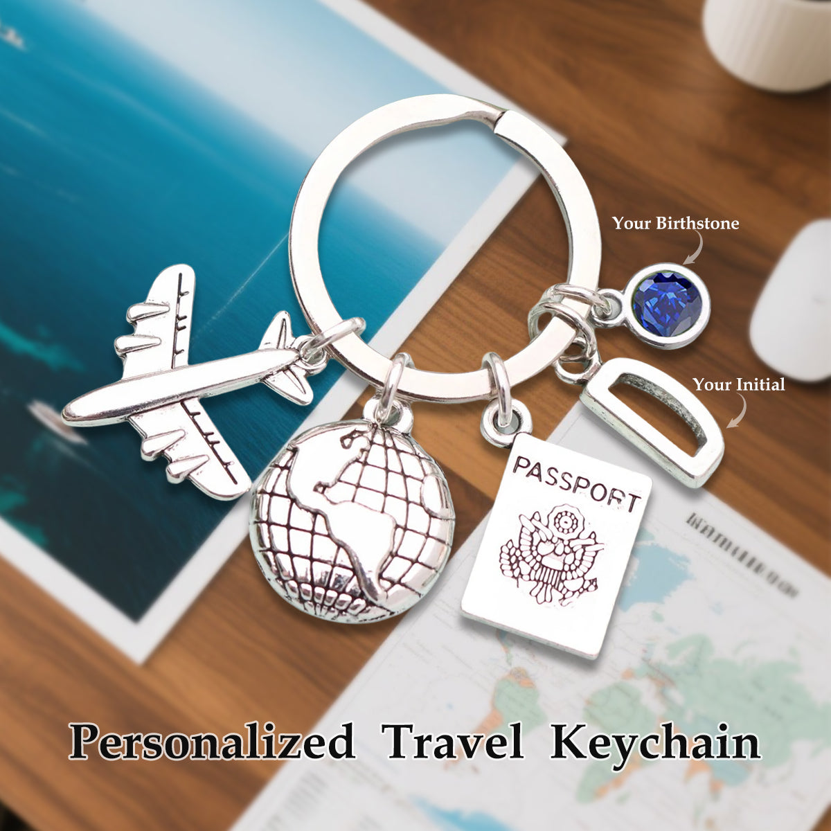 Personalised Travel Birthstone Keychain - Travel Bag Charm, Adventure Gift
