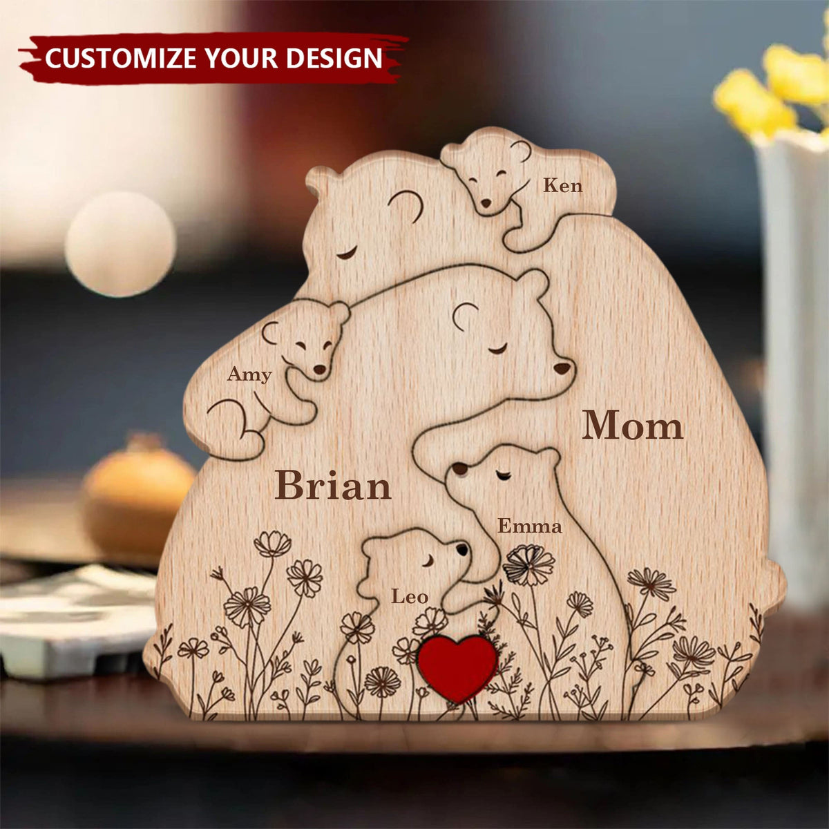 Hugging Bear Family Floral Version - Personalized Wooden Bear Family Puzzle