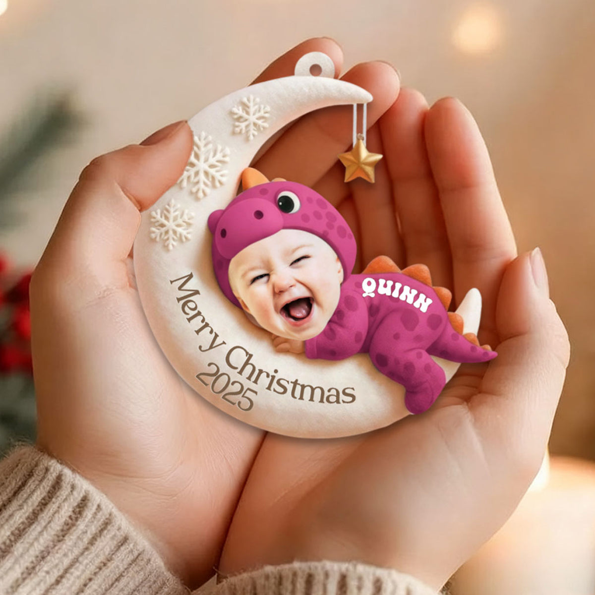 Merry Christmas Moon Keepsake - Personalized Baby's Photo Ornament
