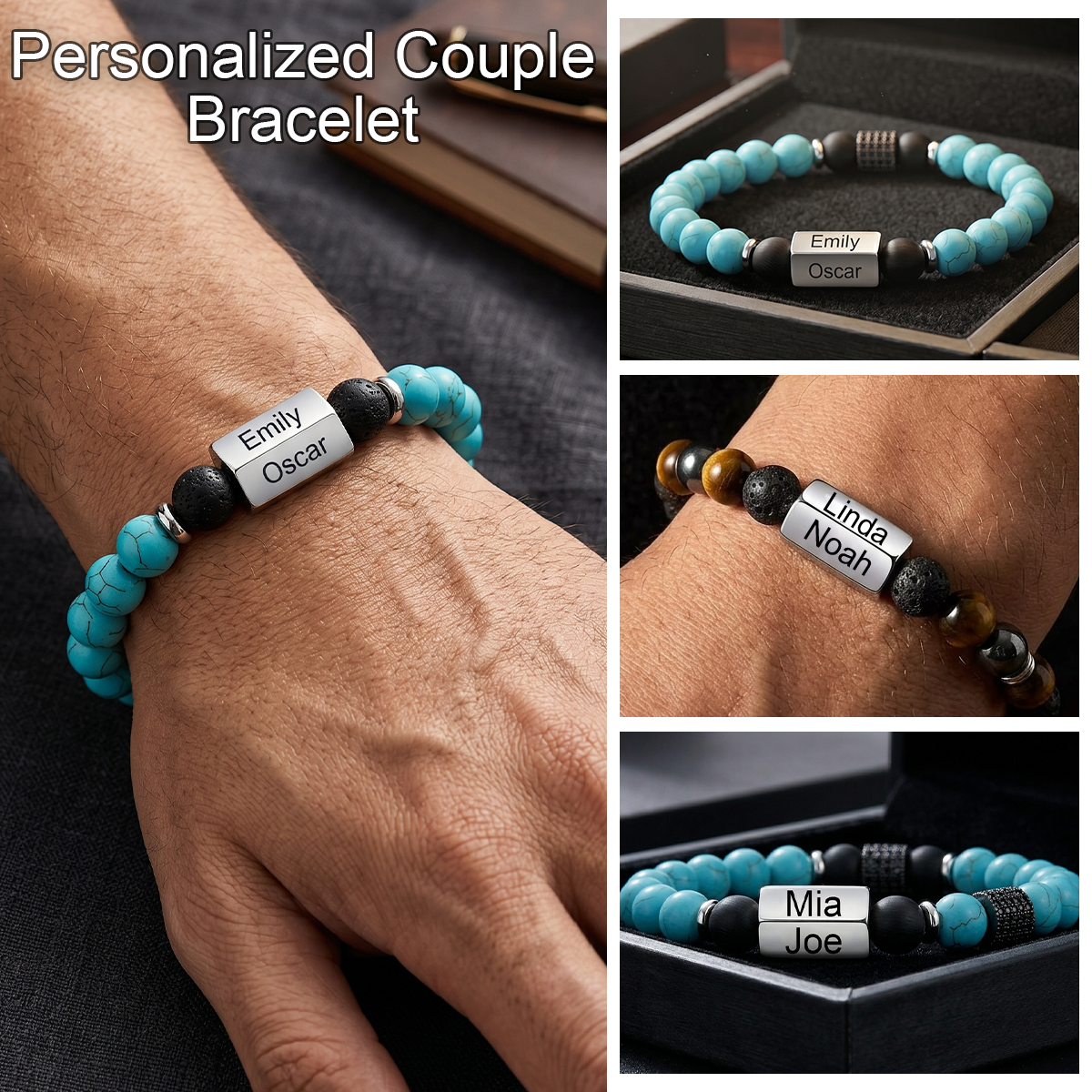 Personalized Beaded Couples Bracelet, Anniversary Gifts For Her Him