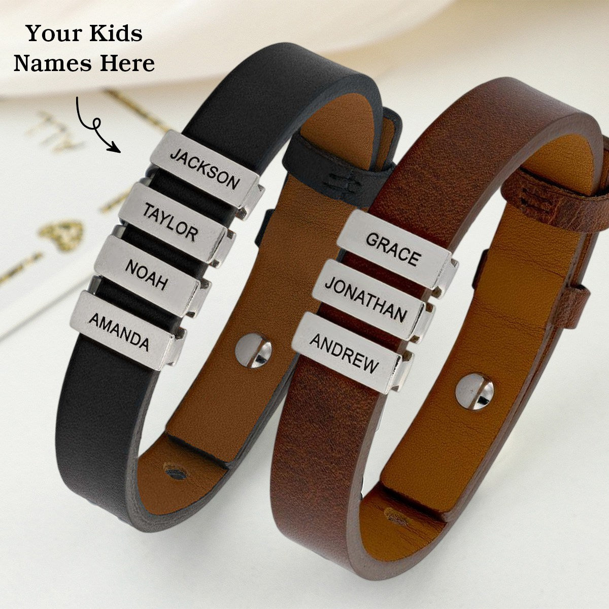 Personalized Men's Leather Bracelet With Custom Silver Beads