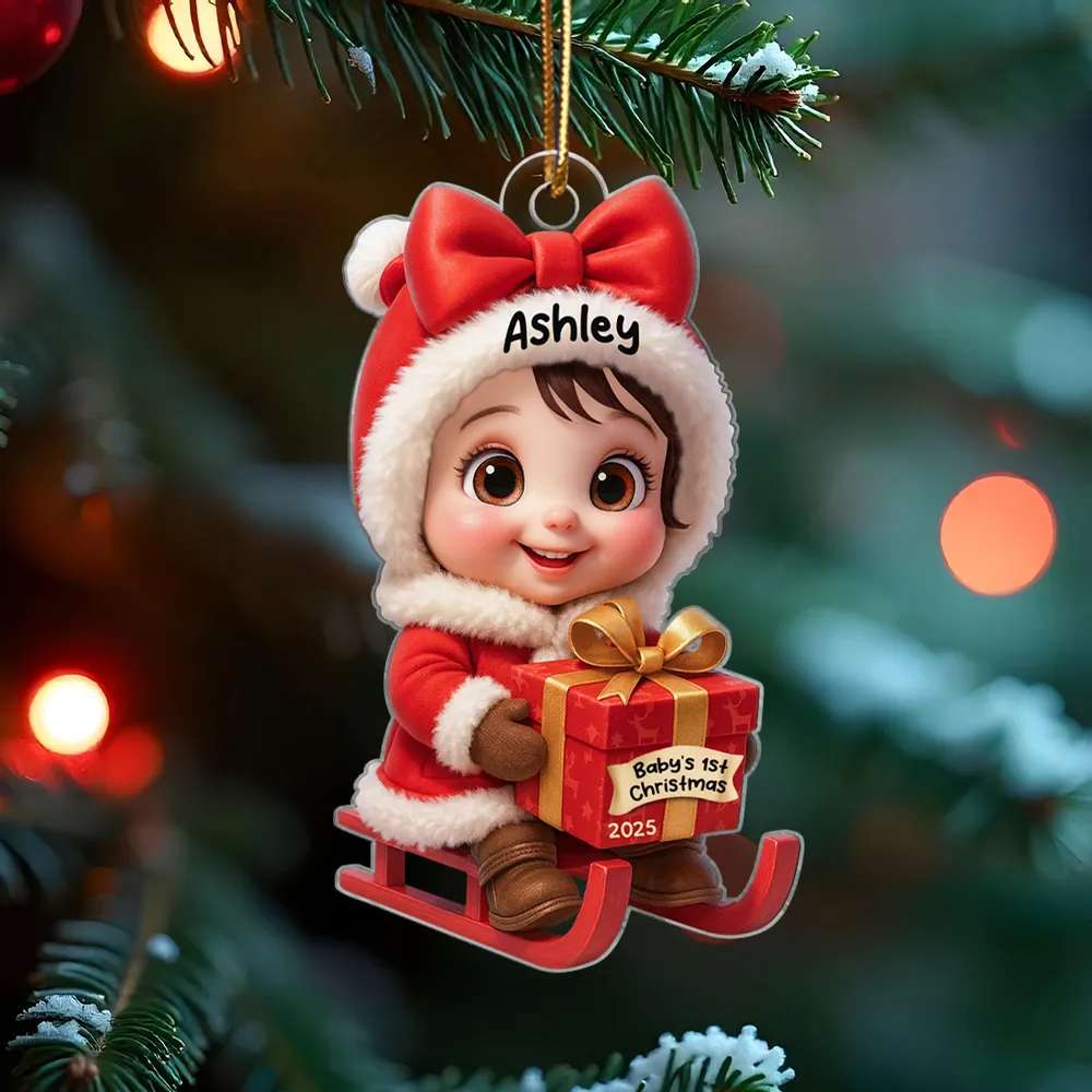 Baby Festive Cheer on a Sled Personalized Acrylic Christmas Ornament