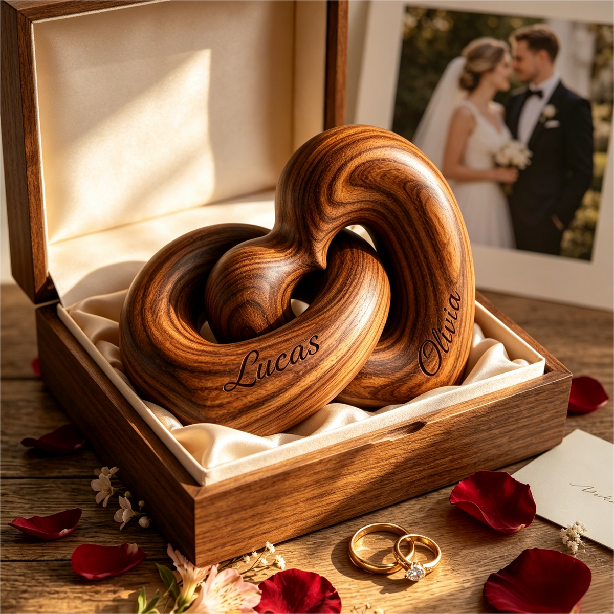 Personalized Wooden Heart Sculpture – Custom Couple Anniversary Gift – Interlocking Love Decor