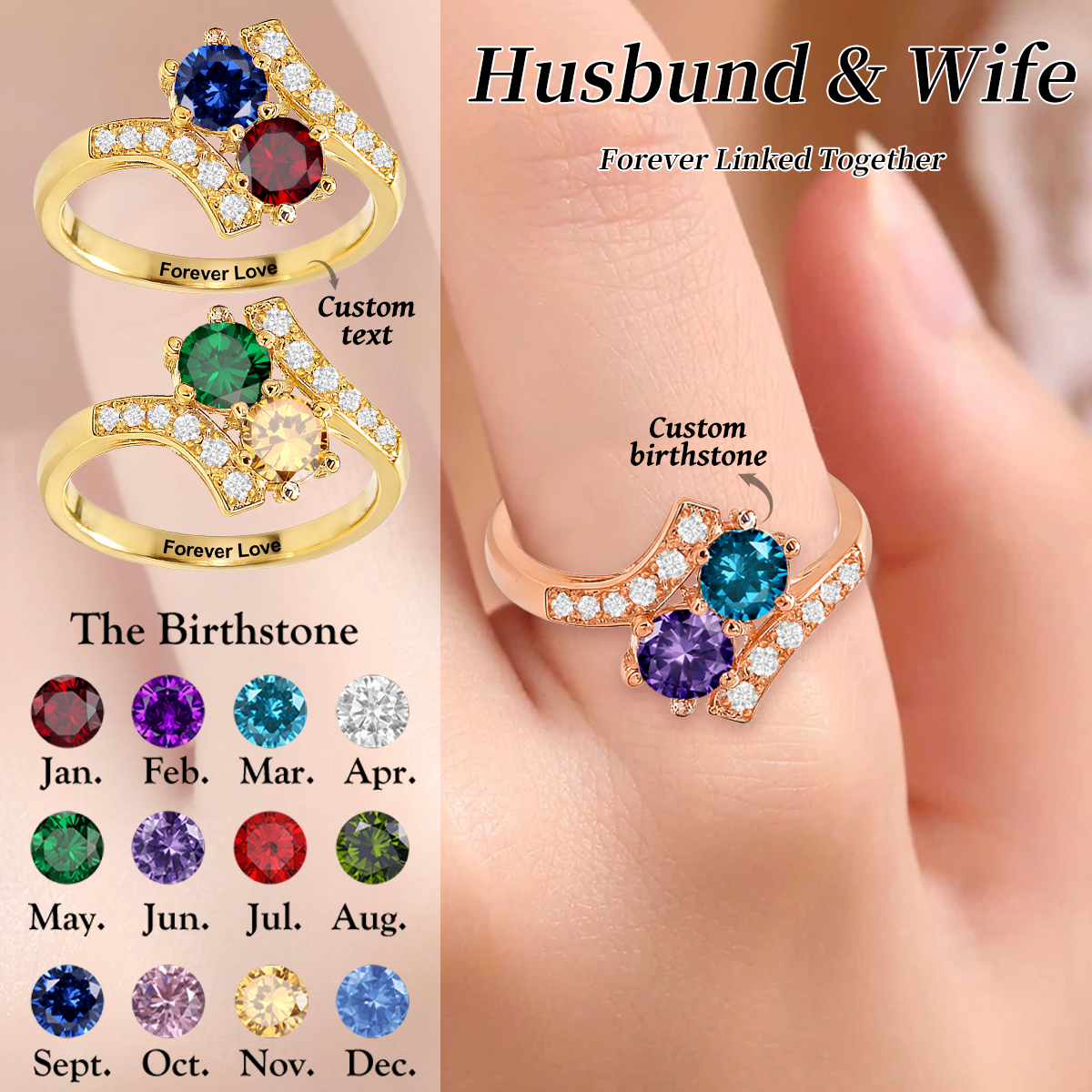 Personalized Couple Birthstone Ring, Gift For Her