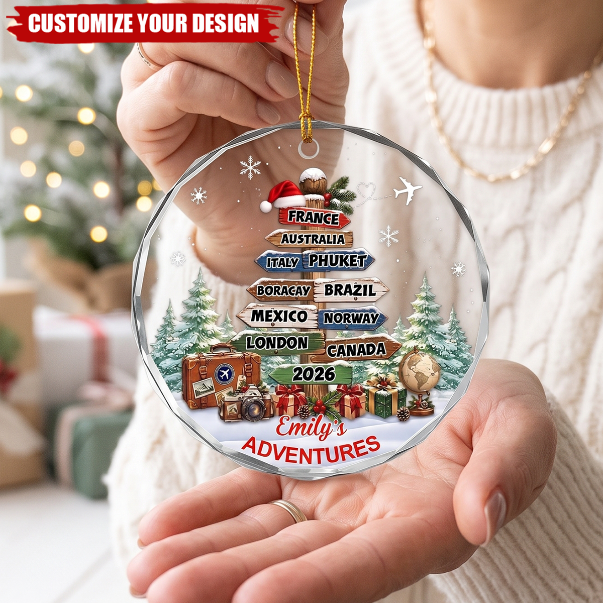 Personalized Travel Adventures Crystal Ornament- Christmas Gifts
