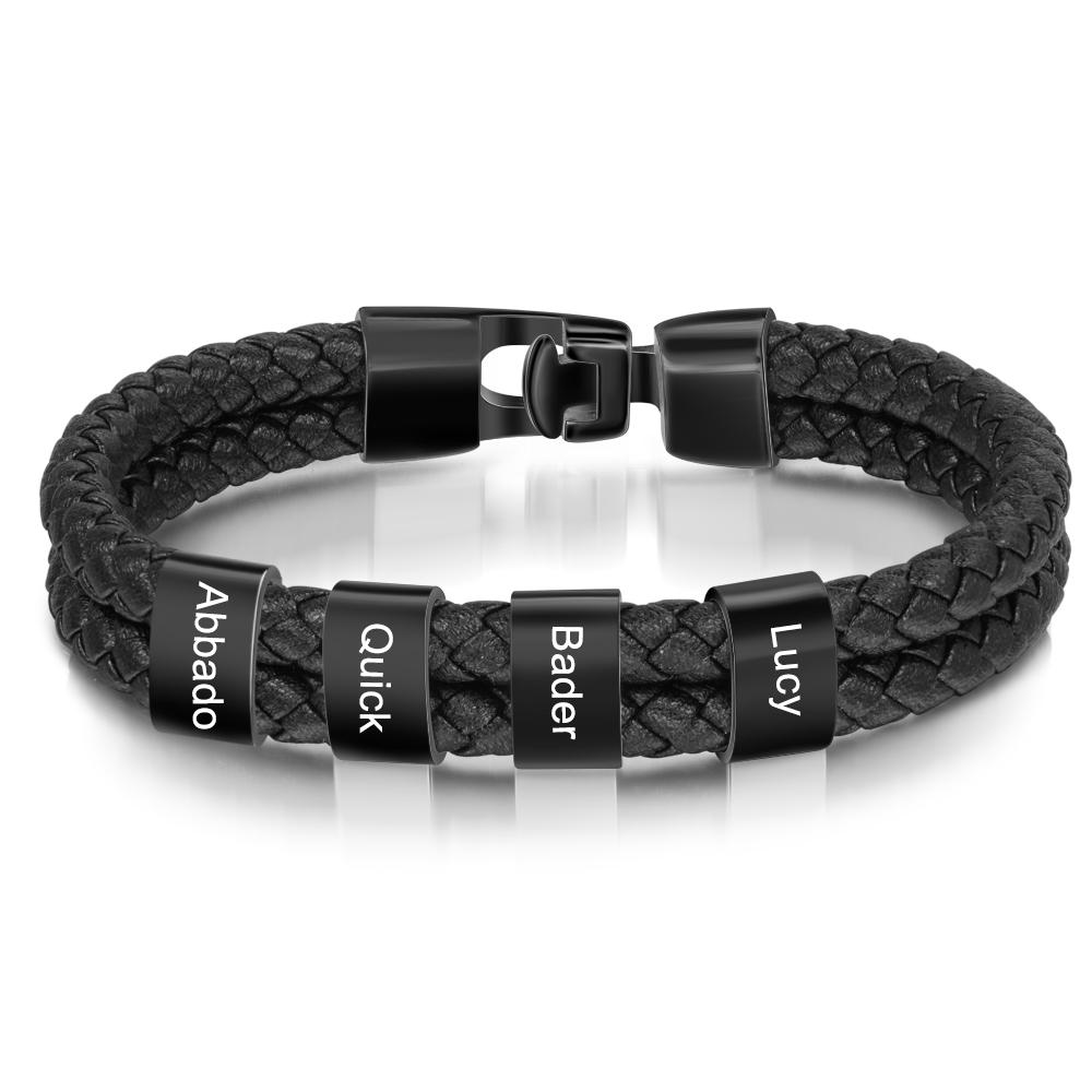 Personalized Braided Leather Bracelet Engraved Names Men's Bracelet Gifts For Him