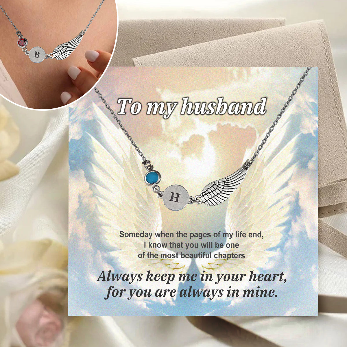 To My Husband-Personalized Wing Birthstone Memorial Necklace