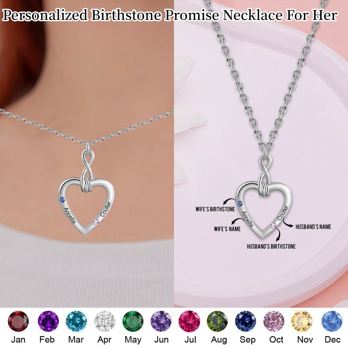 Personalized Double Birthstones Couple Heart Necklace