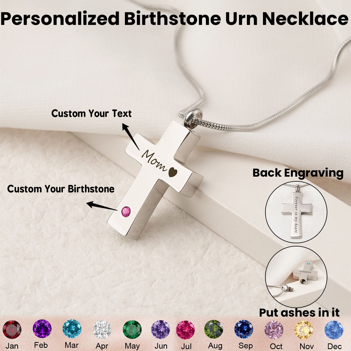 Personalized Memorial Birthstone Cross Urn Necklace - Gift For Lover