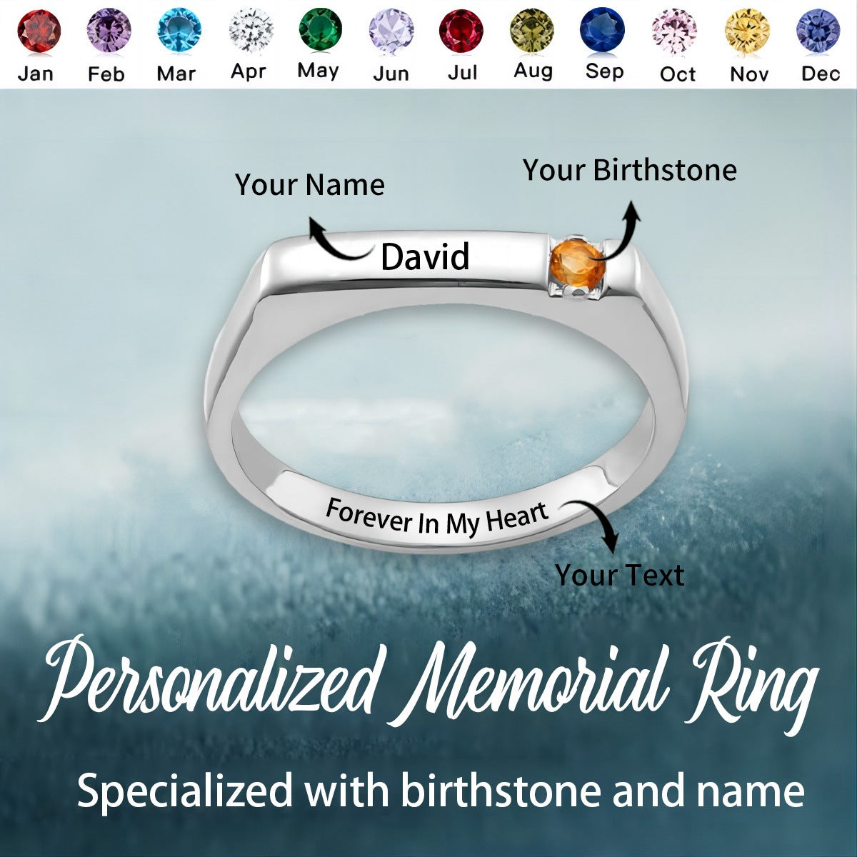 Personalized Name Birthstone Memorial Ring