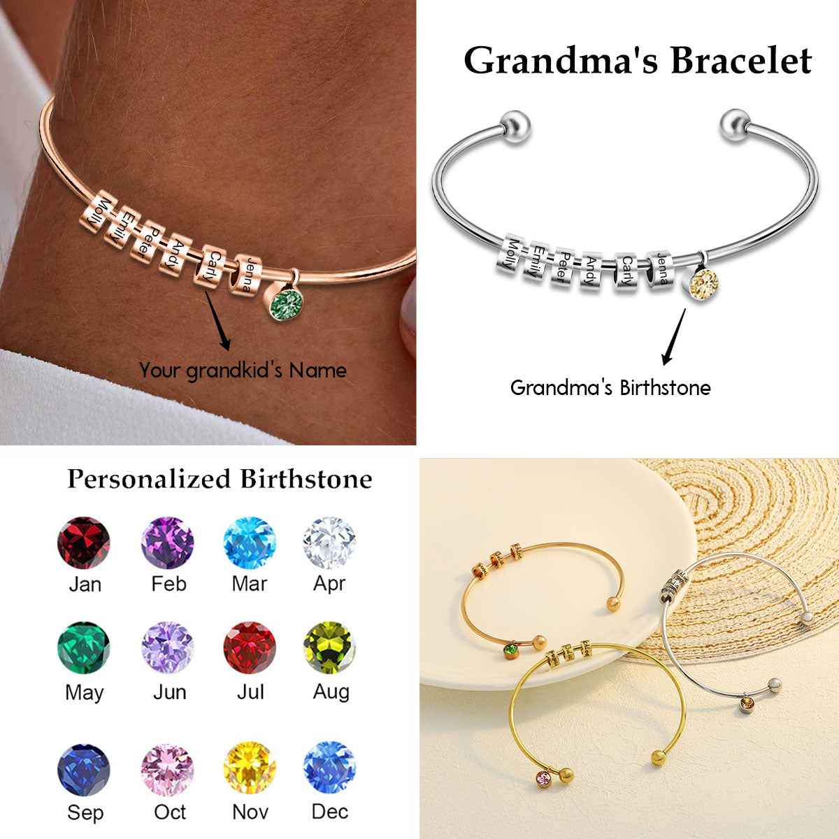 Personalized 1-8 Kids' Names Grandma/Mom Birthstone Family Bracelet