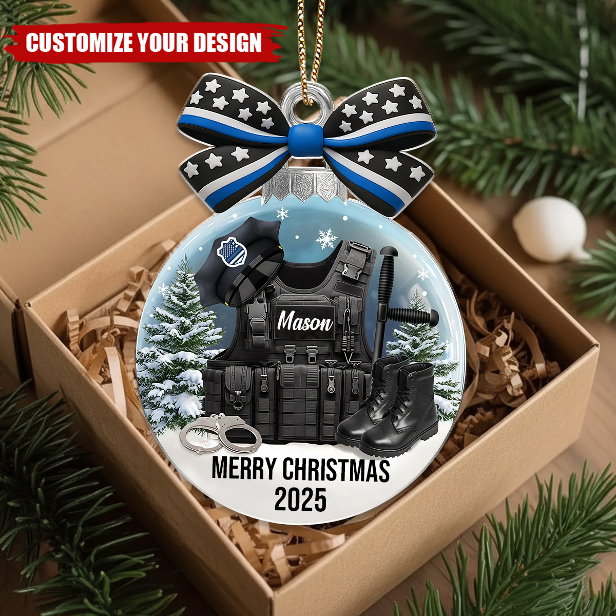 Police Officer Christmas Ornament, Blue Line Police Gift