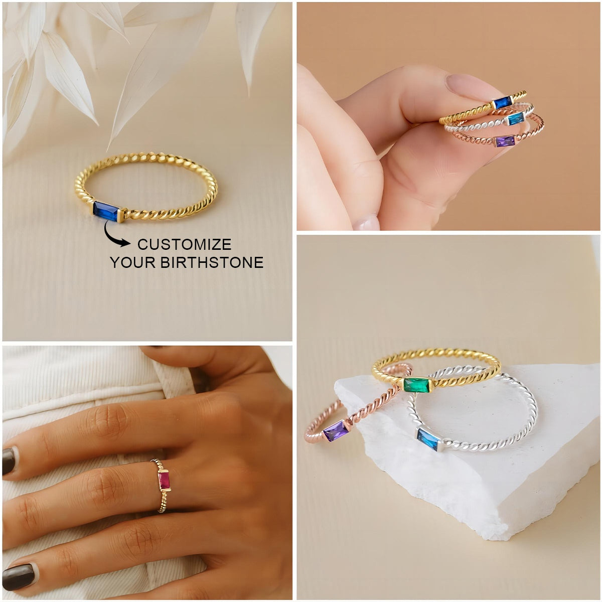 Personalized Twist Baguette Birthstone Memorial Ring - Gift For Christmas