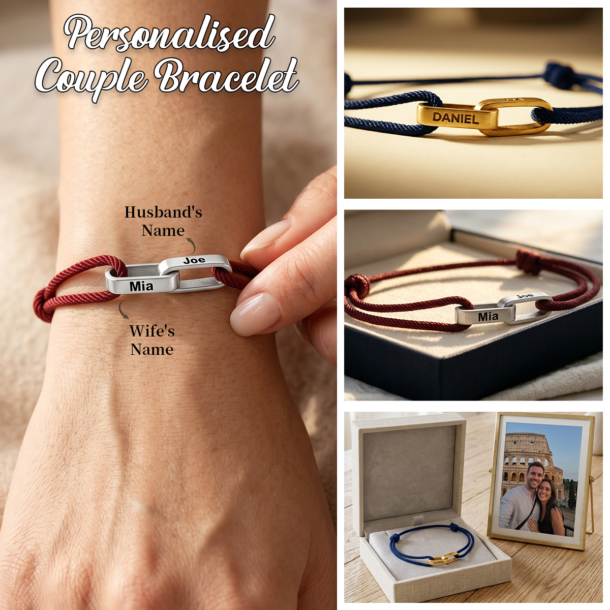 Custom Engraved Couple Bracelets, Personalized Name/Date Cord Bracelet