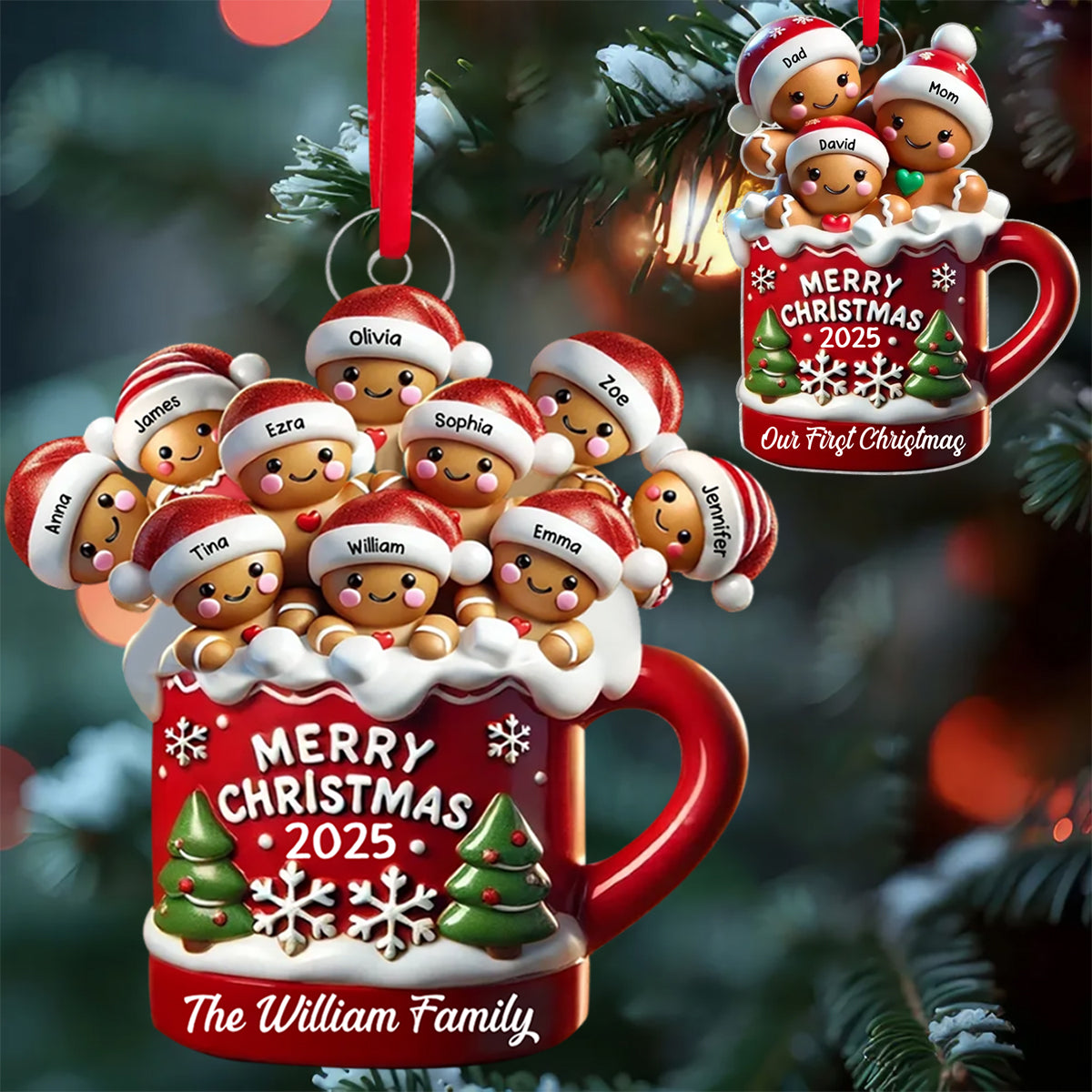 Gingerbread Family In Hot Cocoa Christmas Decor Personalized Acrylic Ornament