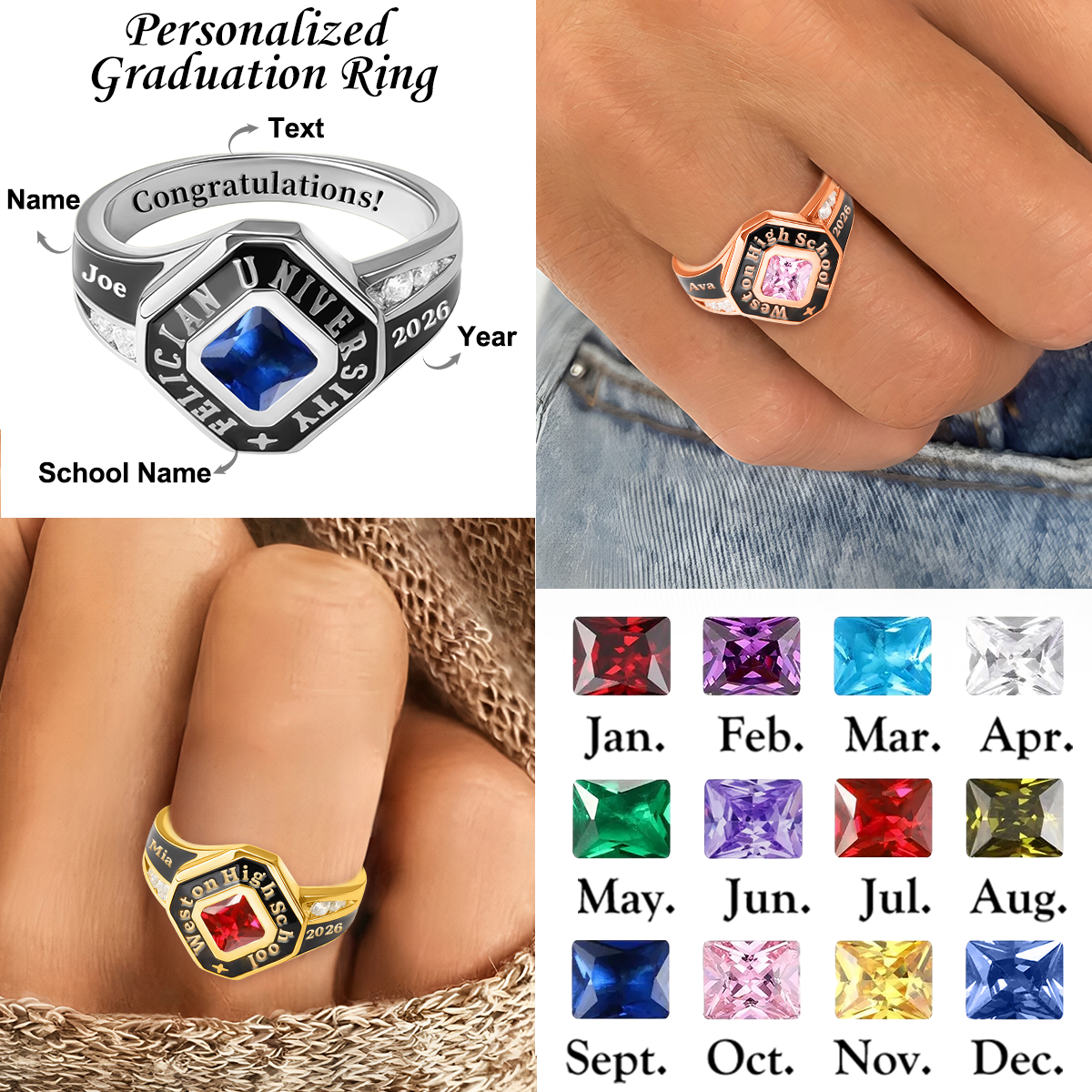 Class of 2026 Ring, Personalized Engraved Birthstone Senior Ring