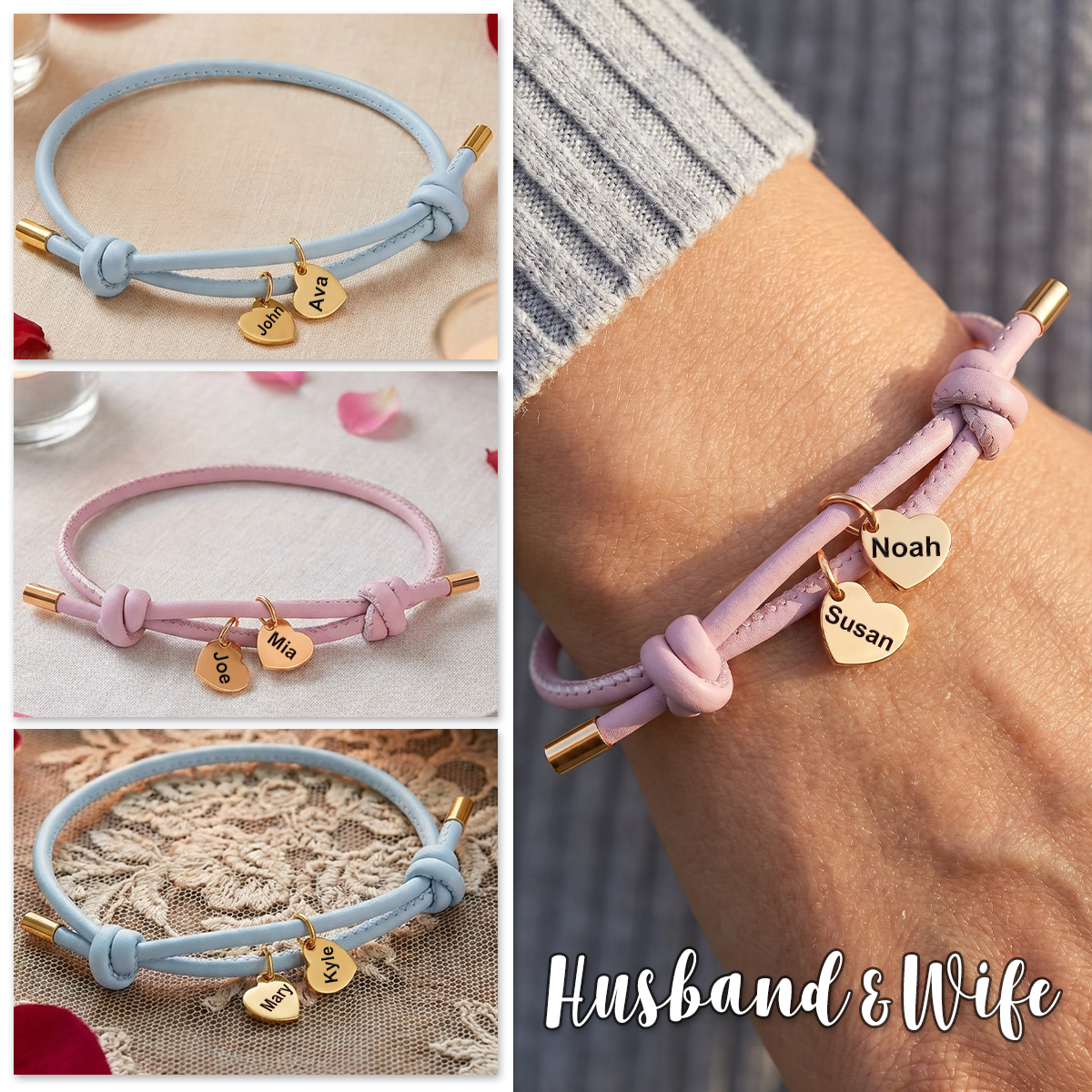 Personalized Engraved Couple Heart Adjustable Leather Bracelet