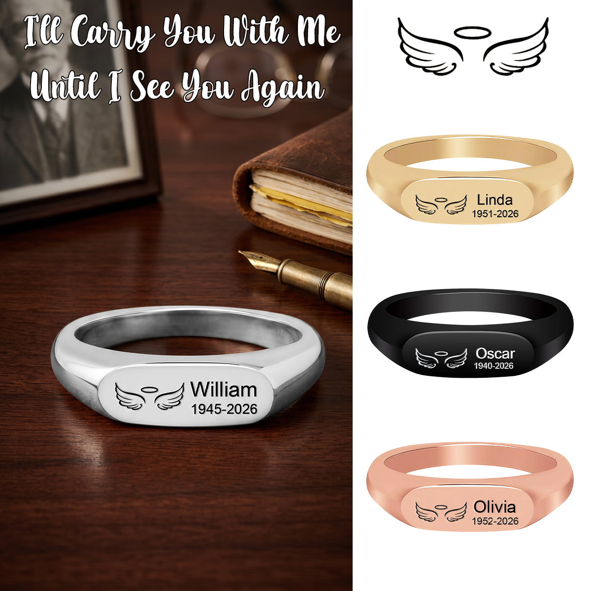 In Loving Memory Personalized Angel Wings Ring-Custom Unisex Memorial Ring