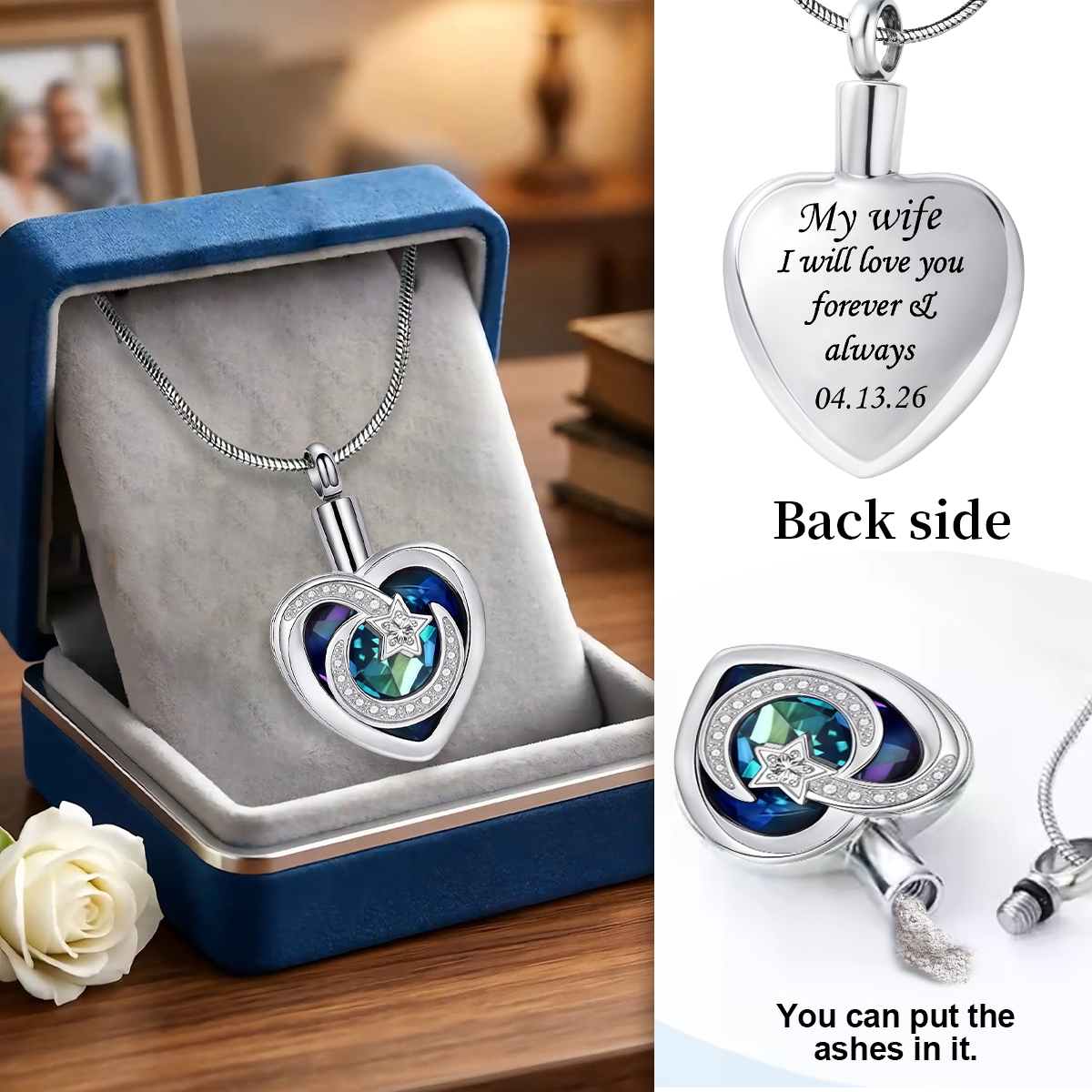 Personalized Moon & Star Cremation Ashes Urn Necklace