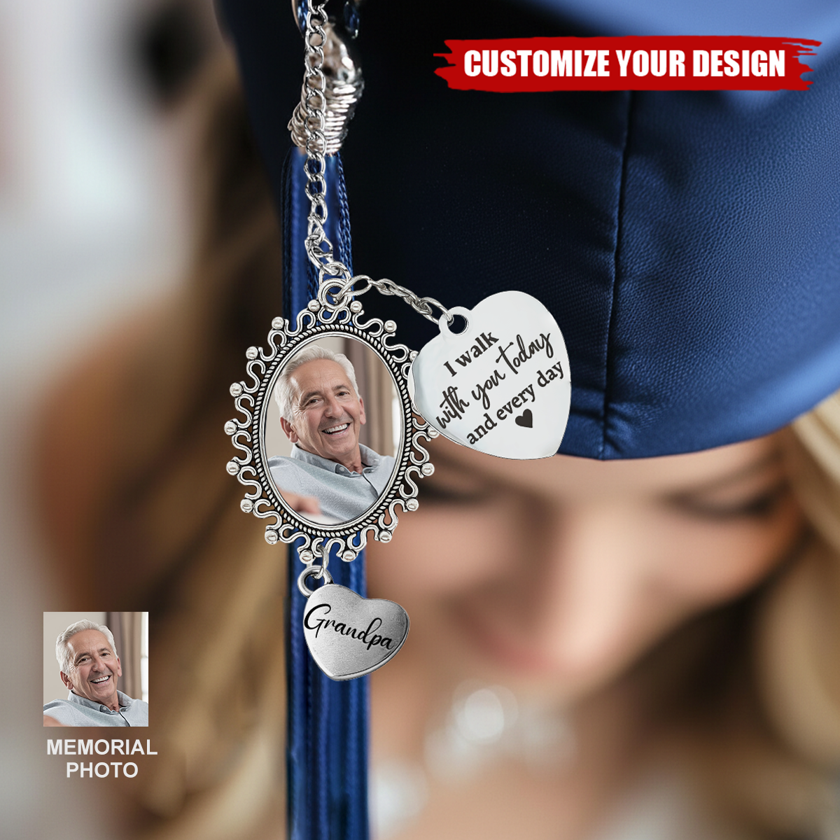 Custom Graduation Memorial Photo Tassel Charm: "I Walk With You" Keepsake