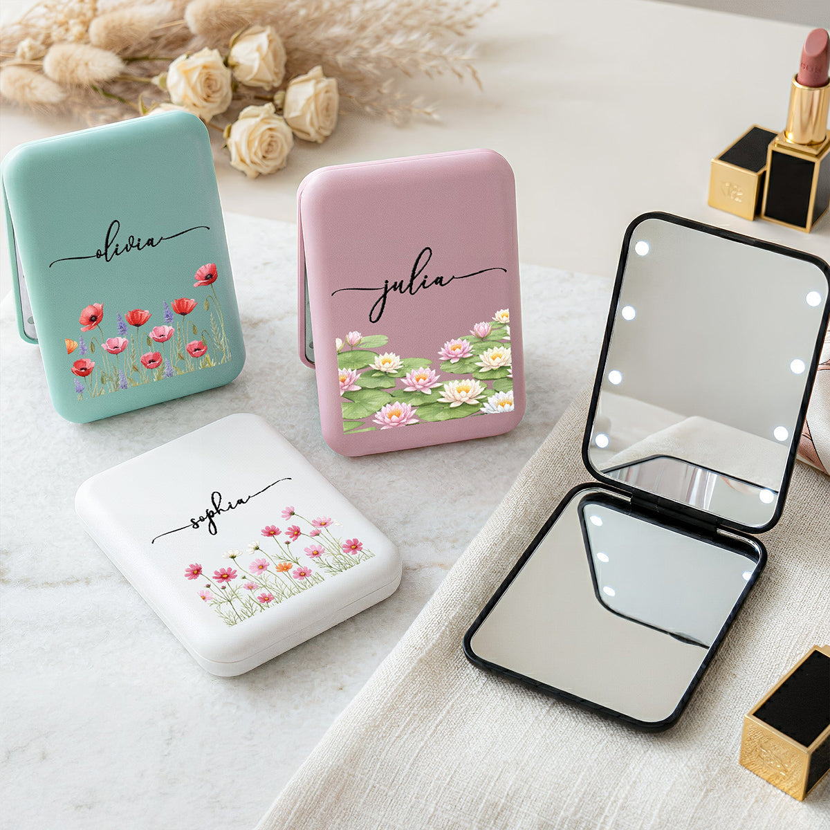 Custom Name & Birth Flower Birthday Gift For Her, Personalized  Compact Mirror