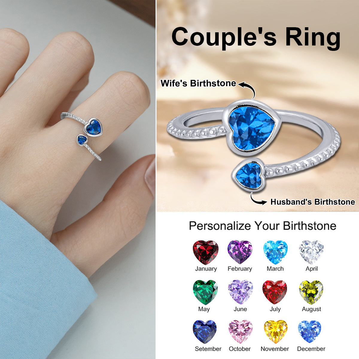 Personalized Heart-to-heart Couple Birthstones Ring - Gift For Valentine's Day