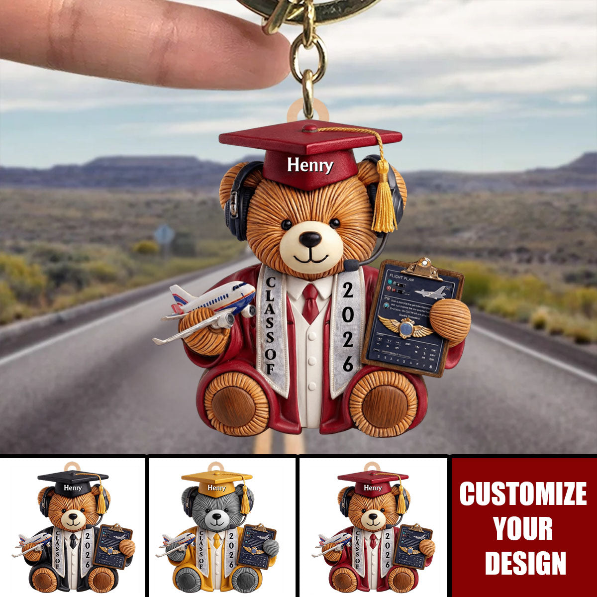 Personalized Class of Graduate Pilot Bear Keychain - Gift For Pilot