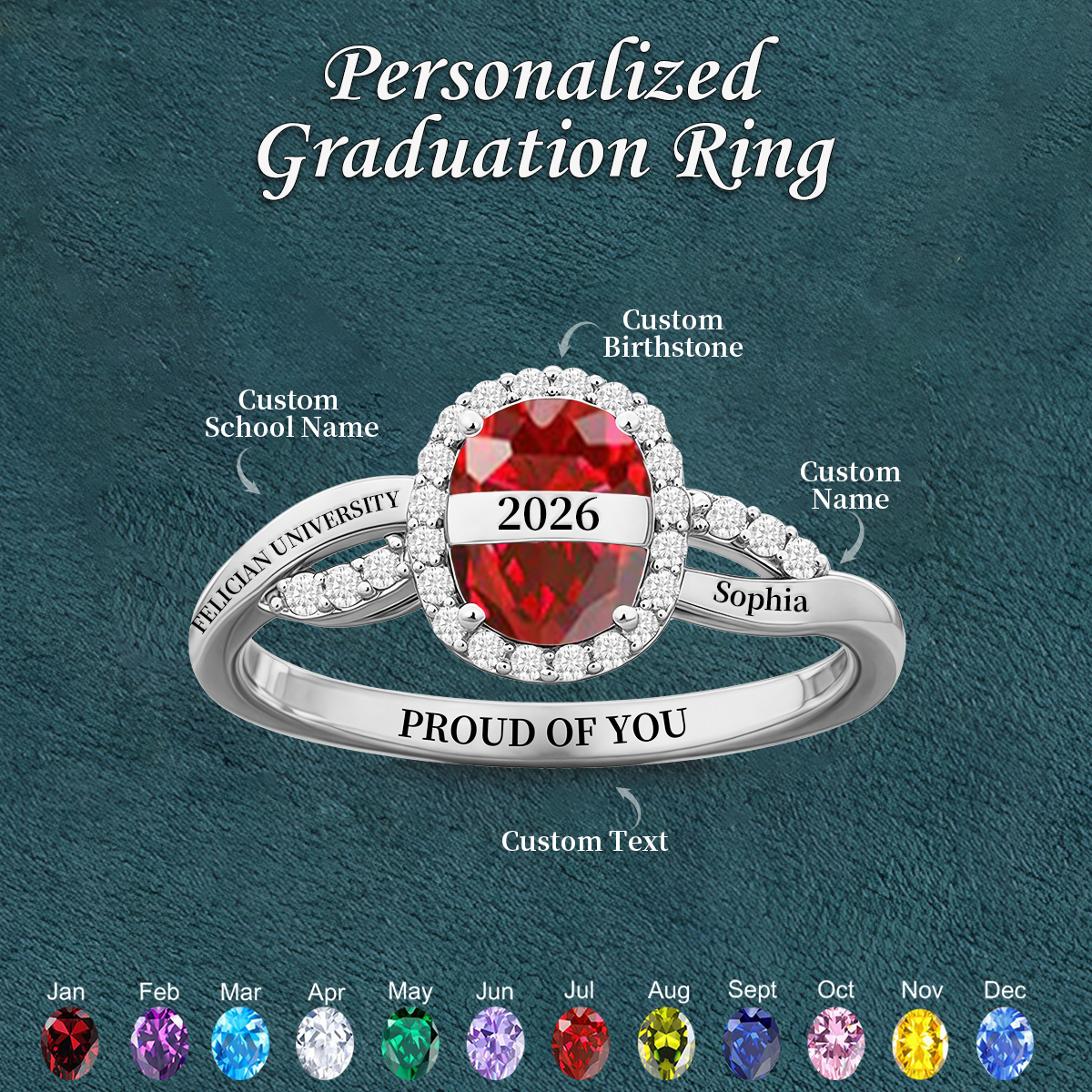 Personalized Graduation Birthstone Ring, Class of 2026