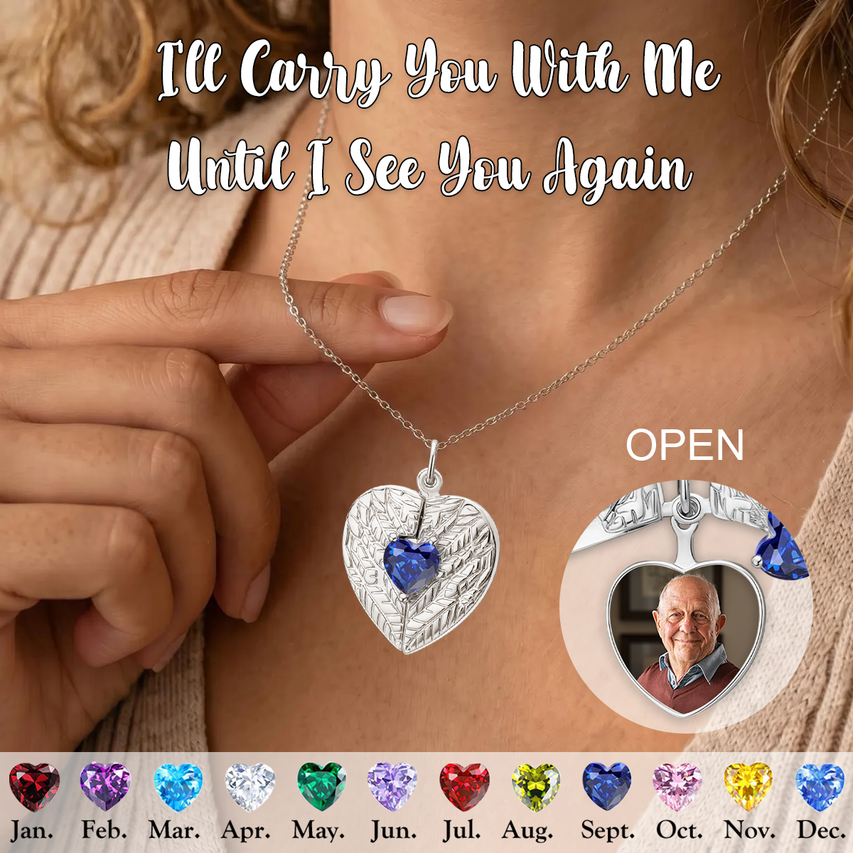 Always In My Heart, Custom Photo Angel Wing Birthstone Necklace