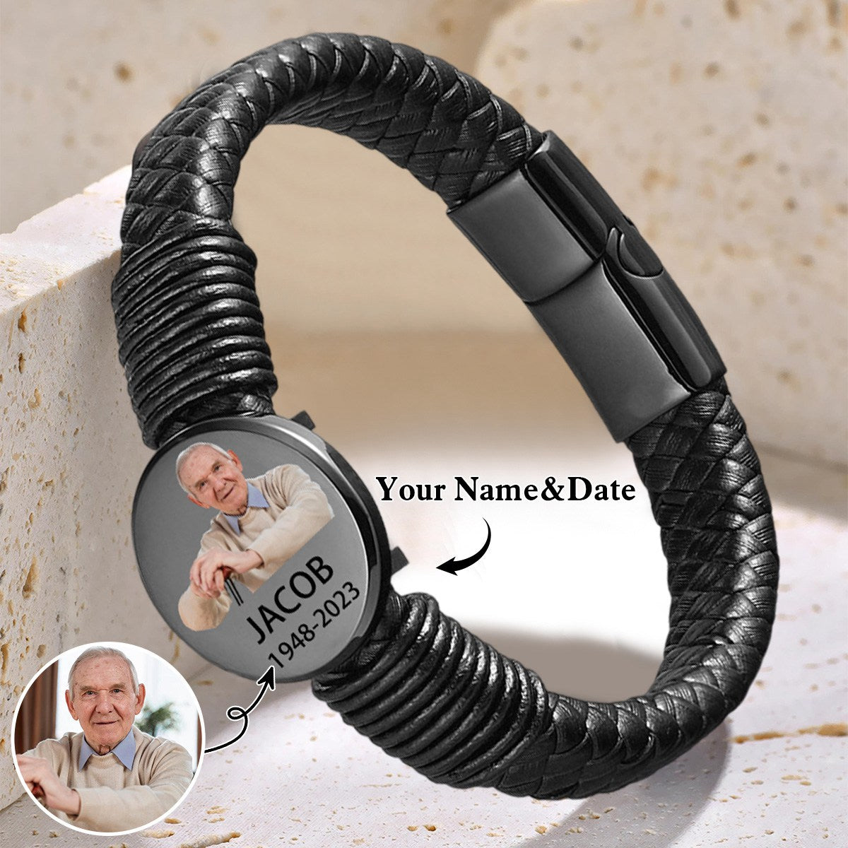Personalized Custom Photo Engraved Name&Date Leather Bracelet - Gift For Christmas