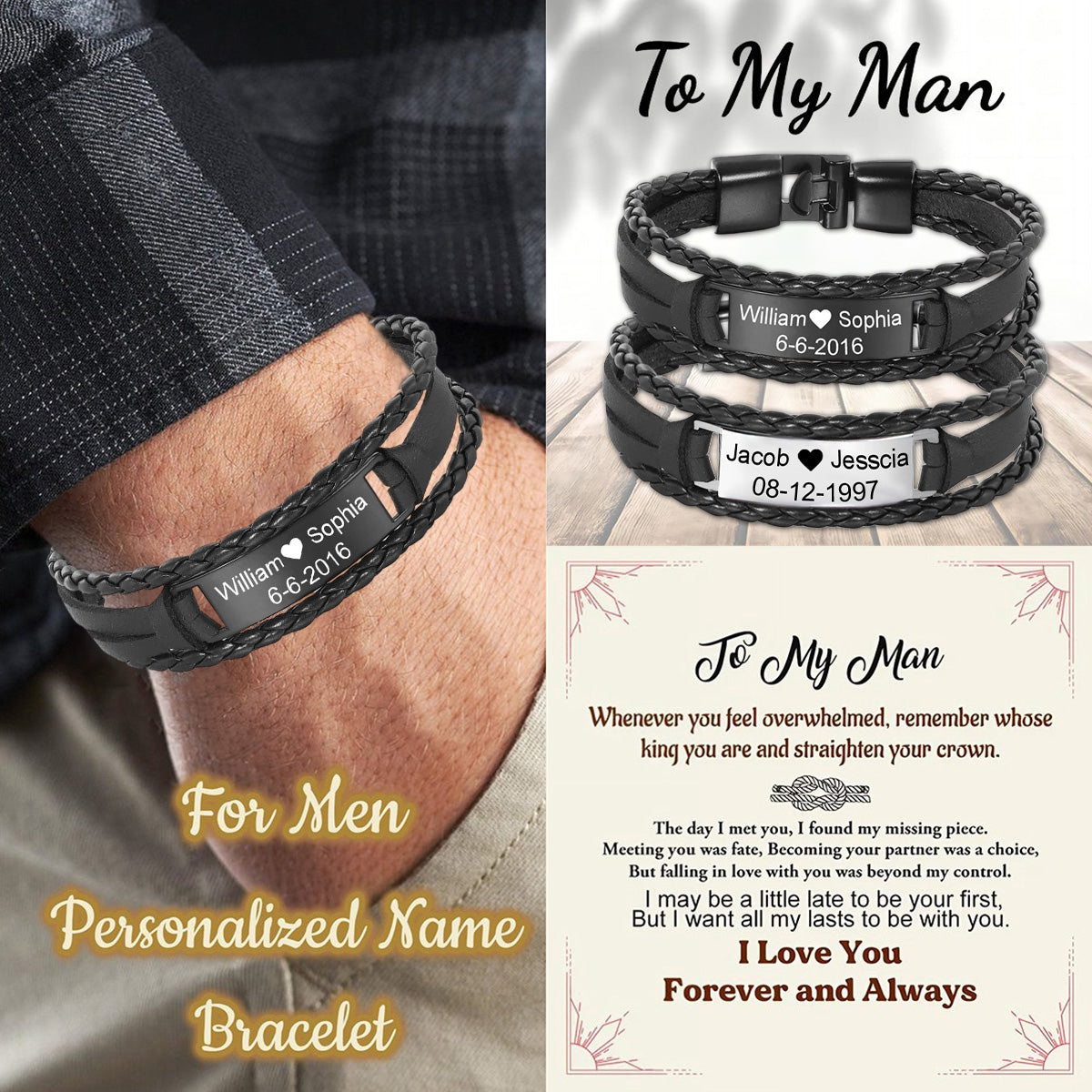 To My Man,Personalized Mens Engraved Text Leather Bracelet