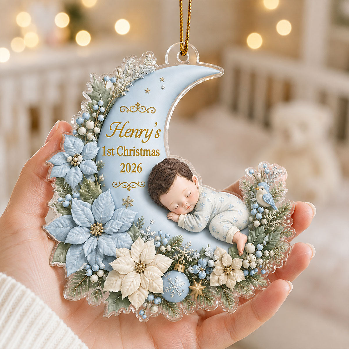 Personalized Sleeping Baby on Blush Floral Moon Christmas Ornament