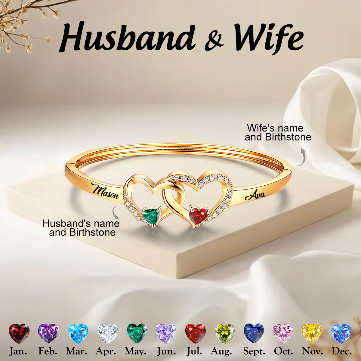 Together Forever -Personalized Heart Couple Birthstone Bracelet
