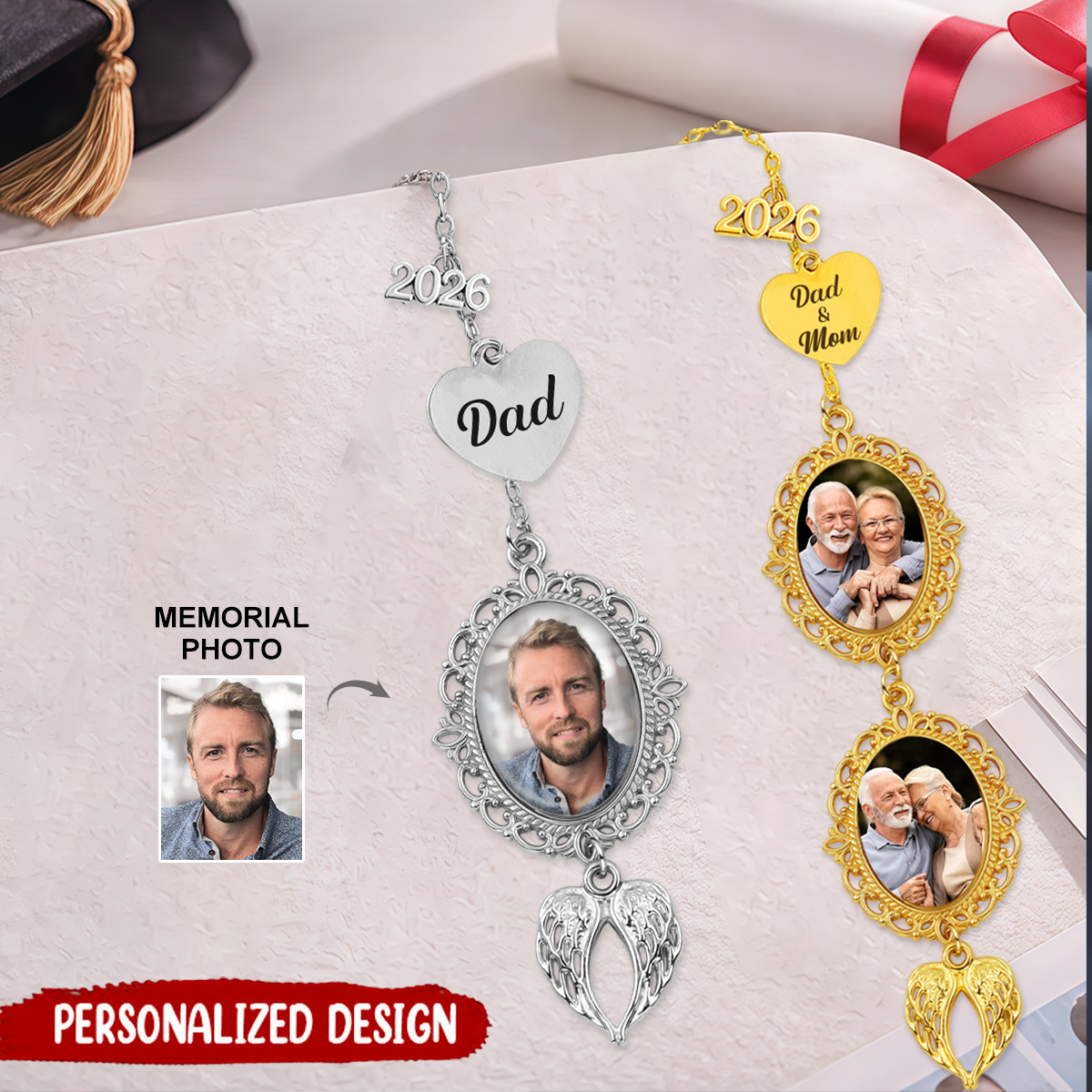 Custom 2026 Graduation Photo Charm For Tassel, Memorial Angel Wings