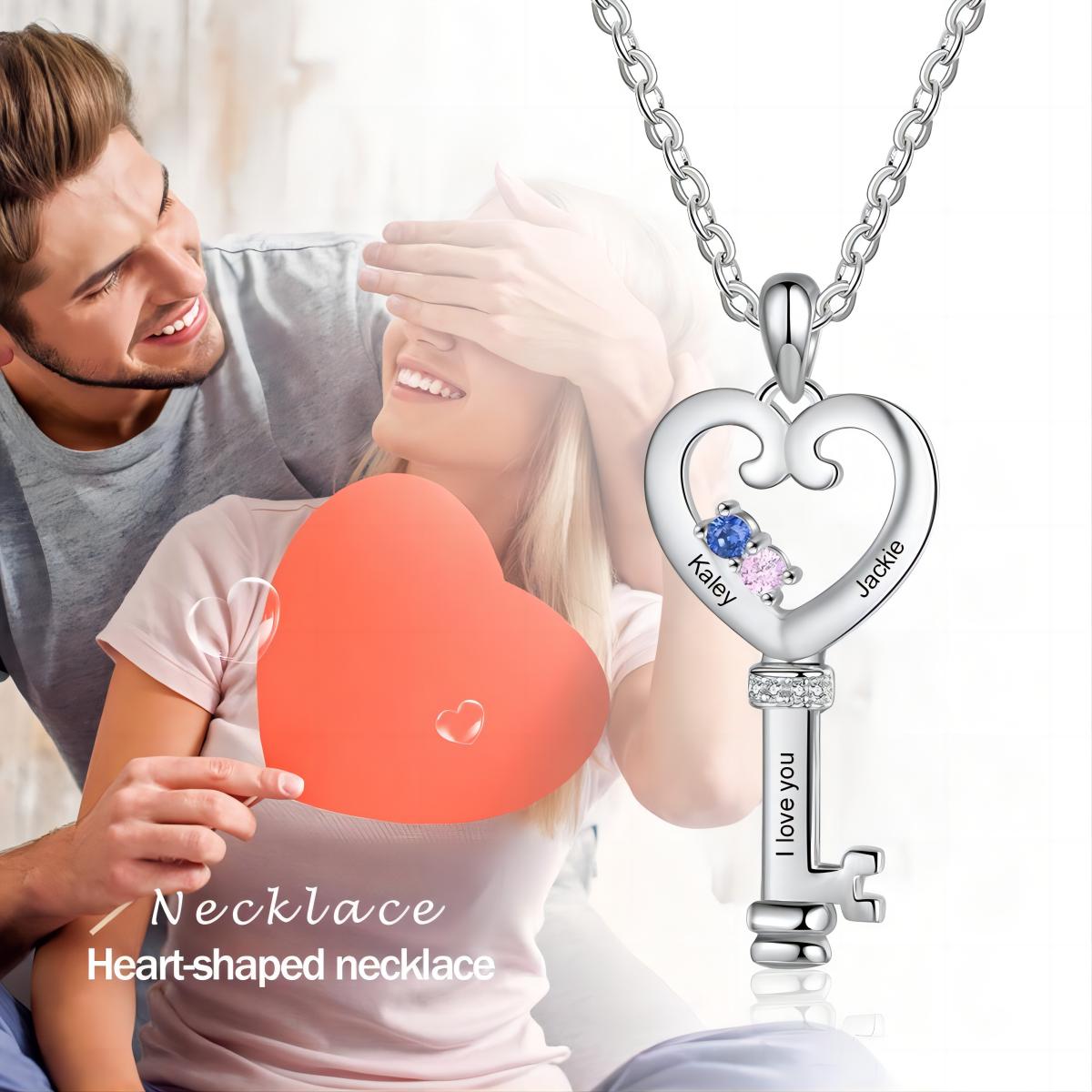 Personalized Birthstone Heart Key Couple Necklace