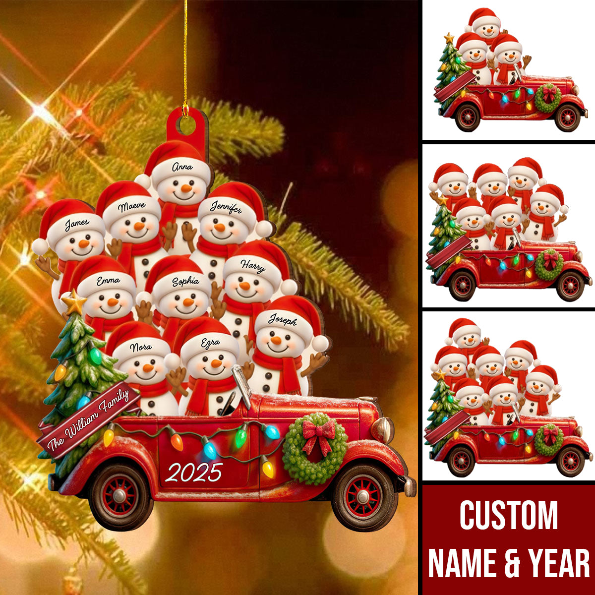 Holly Jolly Snowman Family - Personalized Christmas Wood Ornament