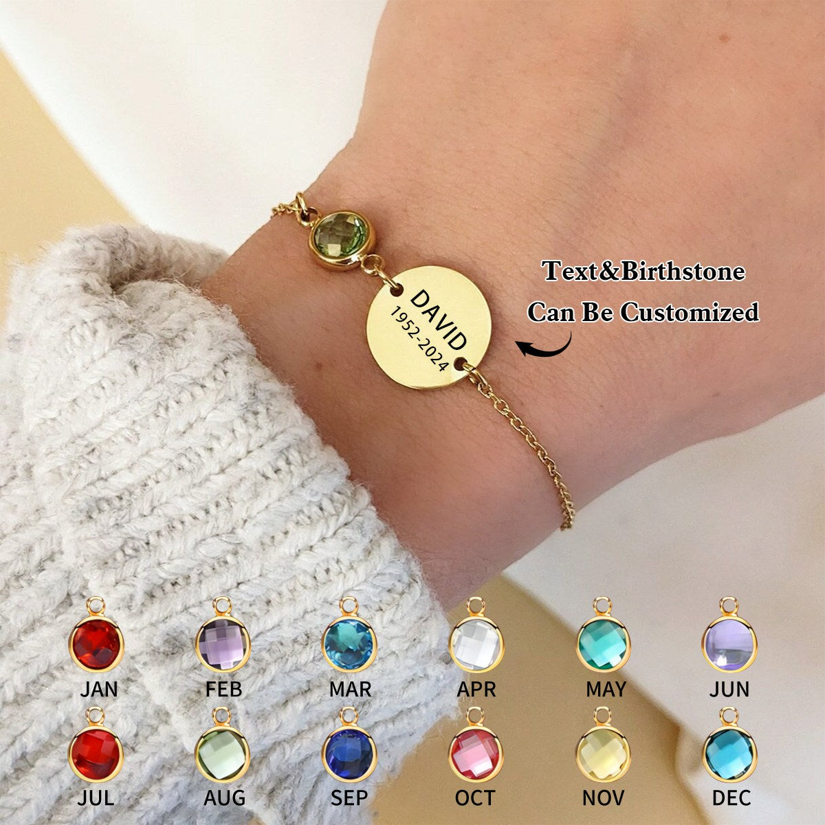 Personalized Custom Engraved Name&Date Memorial Birthstone Bracelet