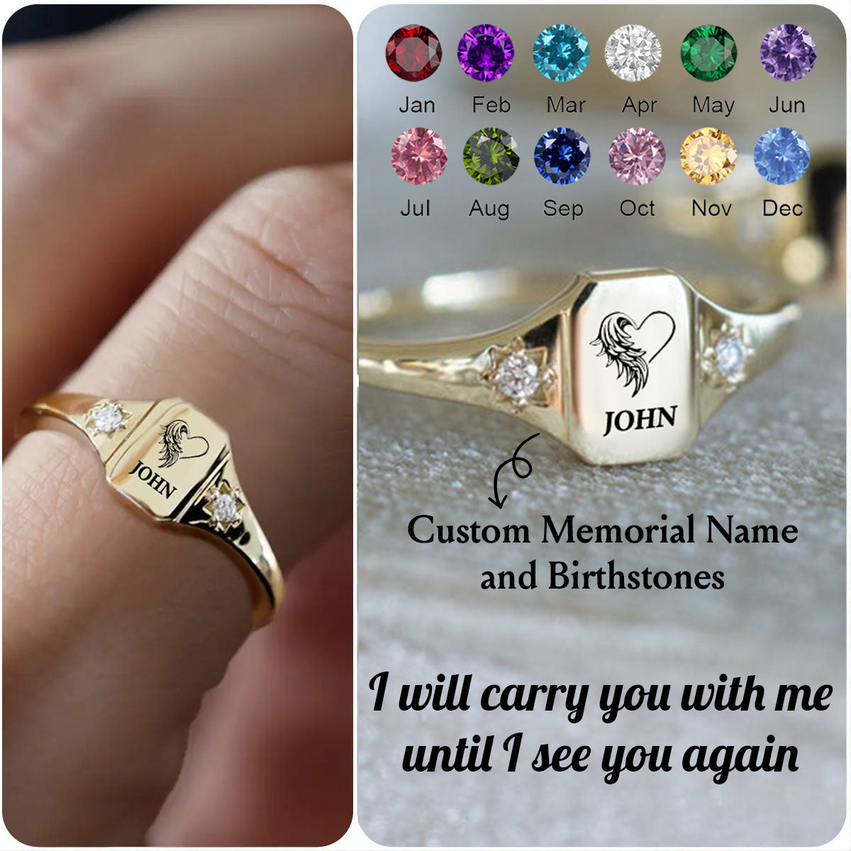 In Loving Memory With Wings Name Personalized Birthstone Ring