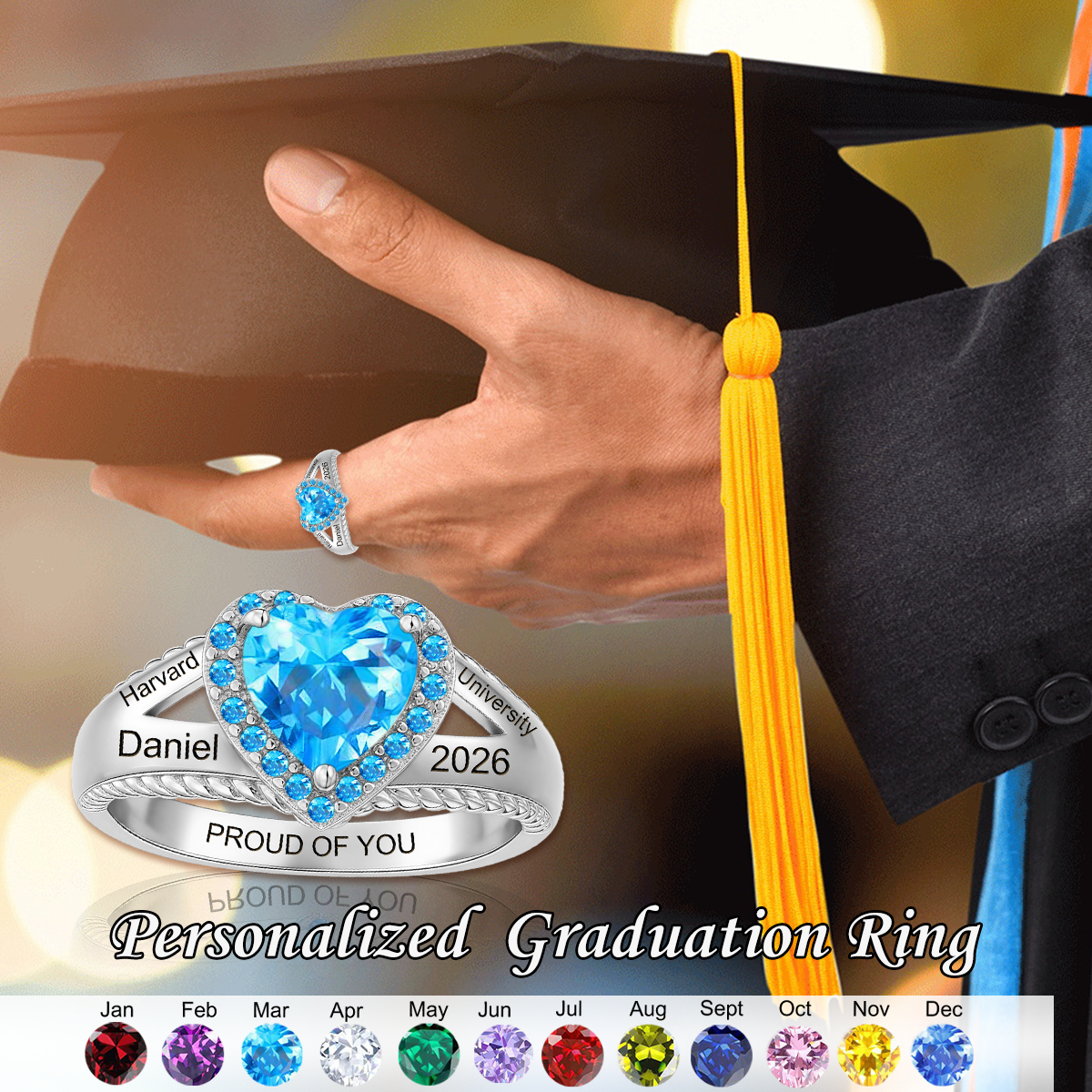Personalized Engraved Heart-Shaped Birthstone Graduation Ring, Graduation Souvenir