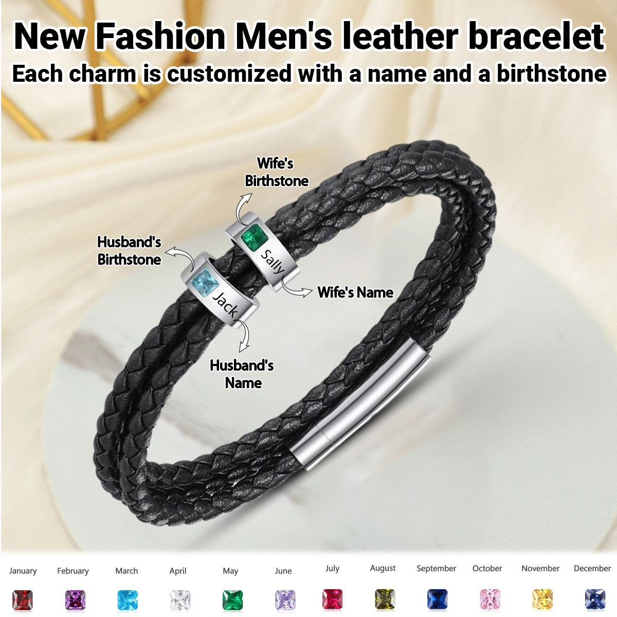 Personalized Double Birthstones Men Braided Leather Bracelet