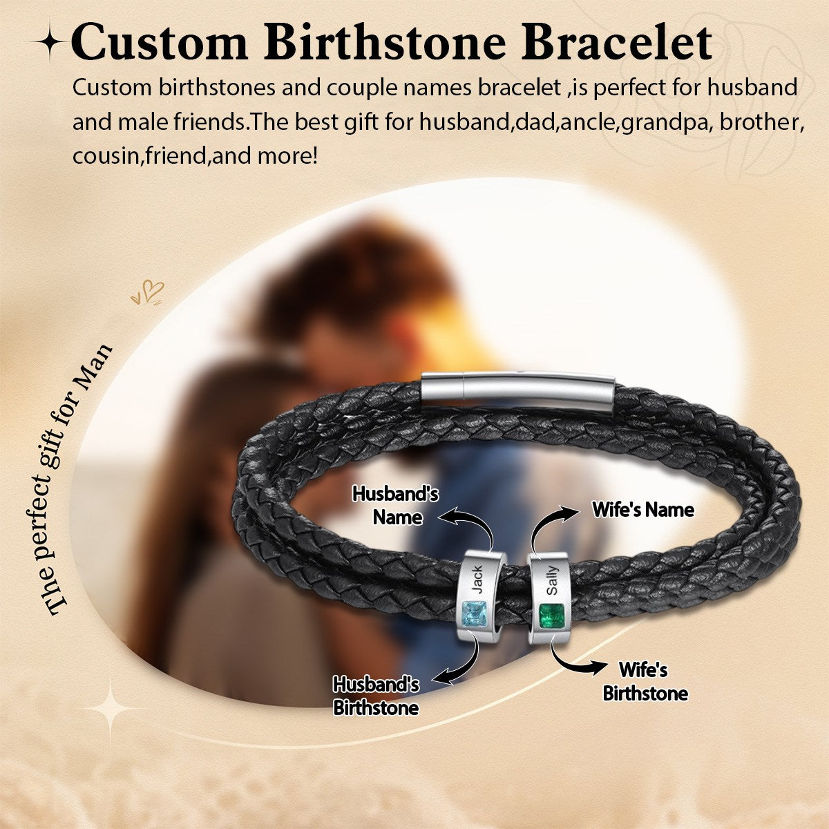 Personalized Double Birthstones Men Braided Leather Bracelet