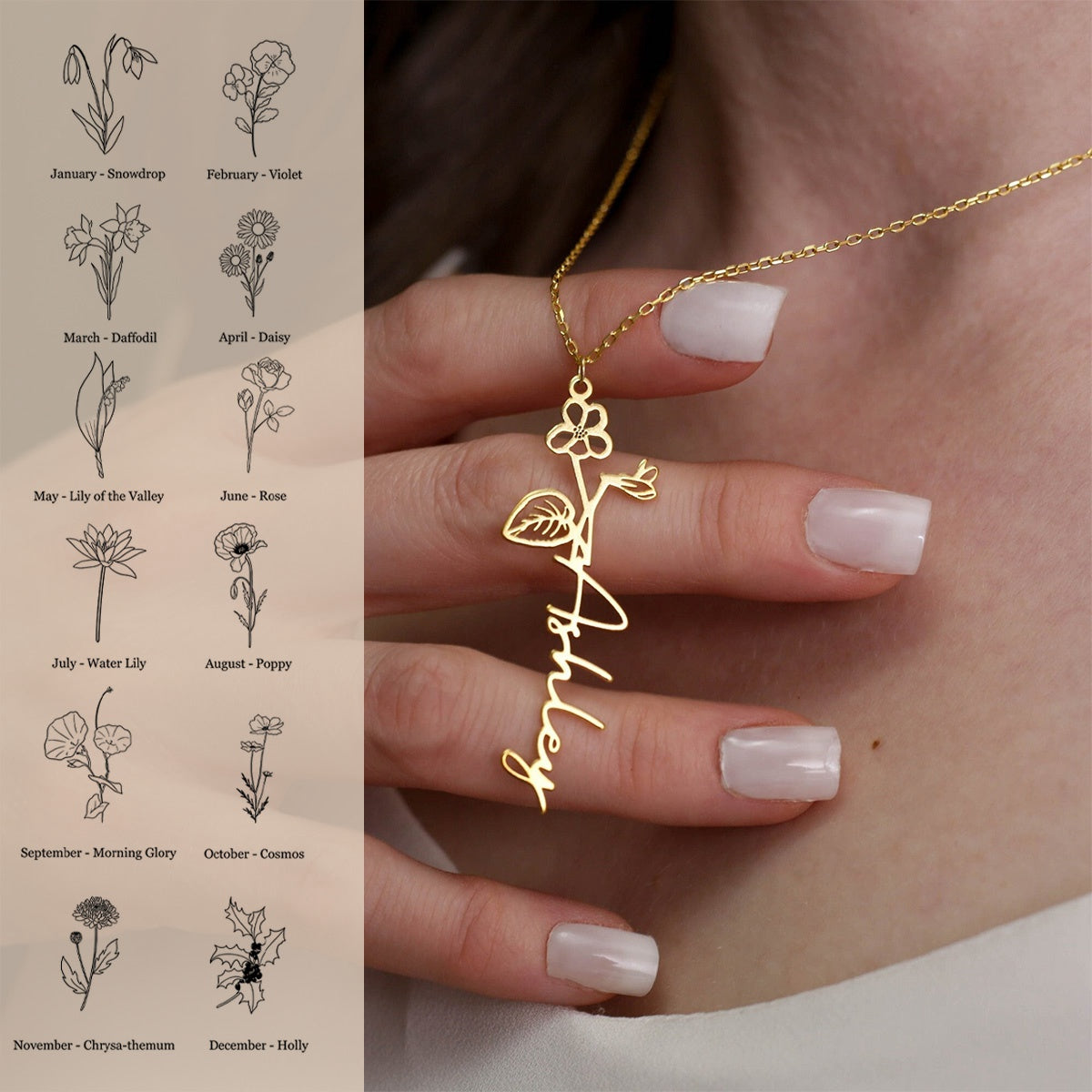 Personalized Memorial Birthflower Name Necklace - Gift For Christmas