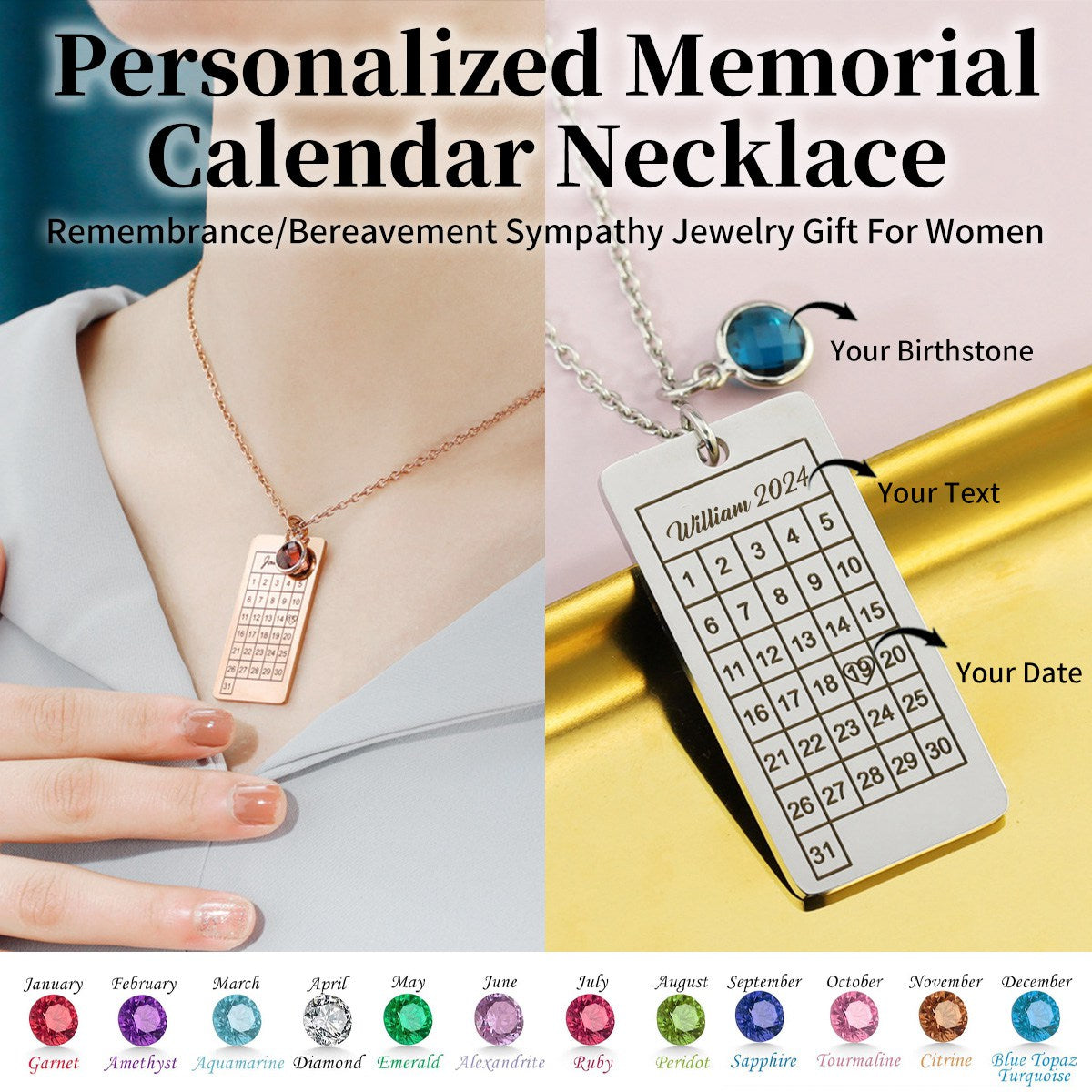Personalized Birthstone Name Memorial Calendar Necklace