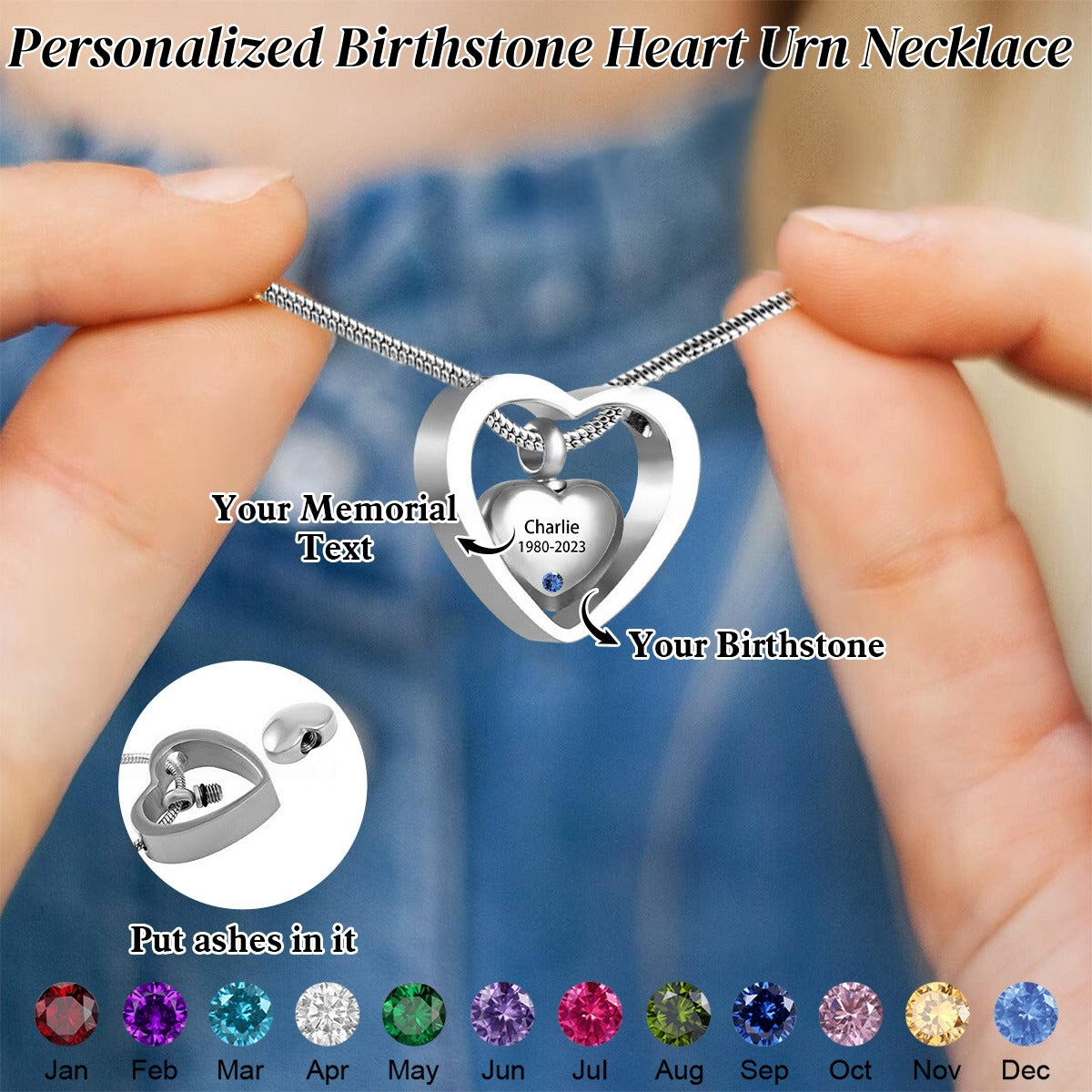 Personalized Memorial Heart Pendant Birthstone Urn Necklace - Gift For Christmas